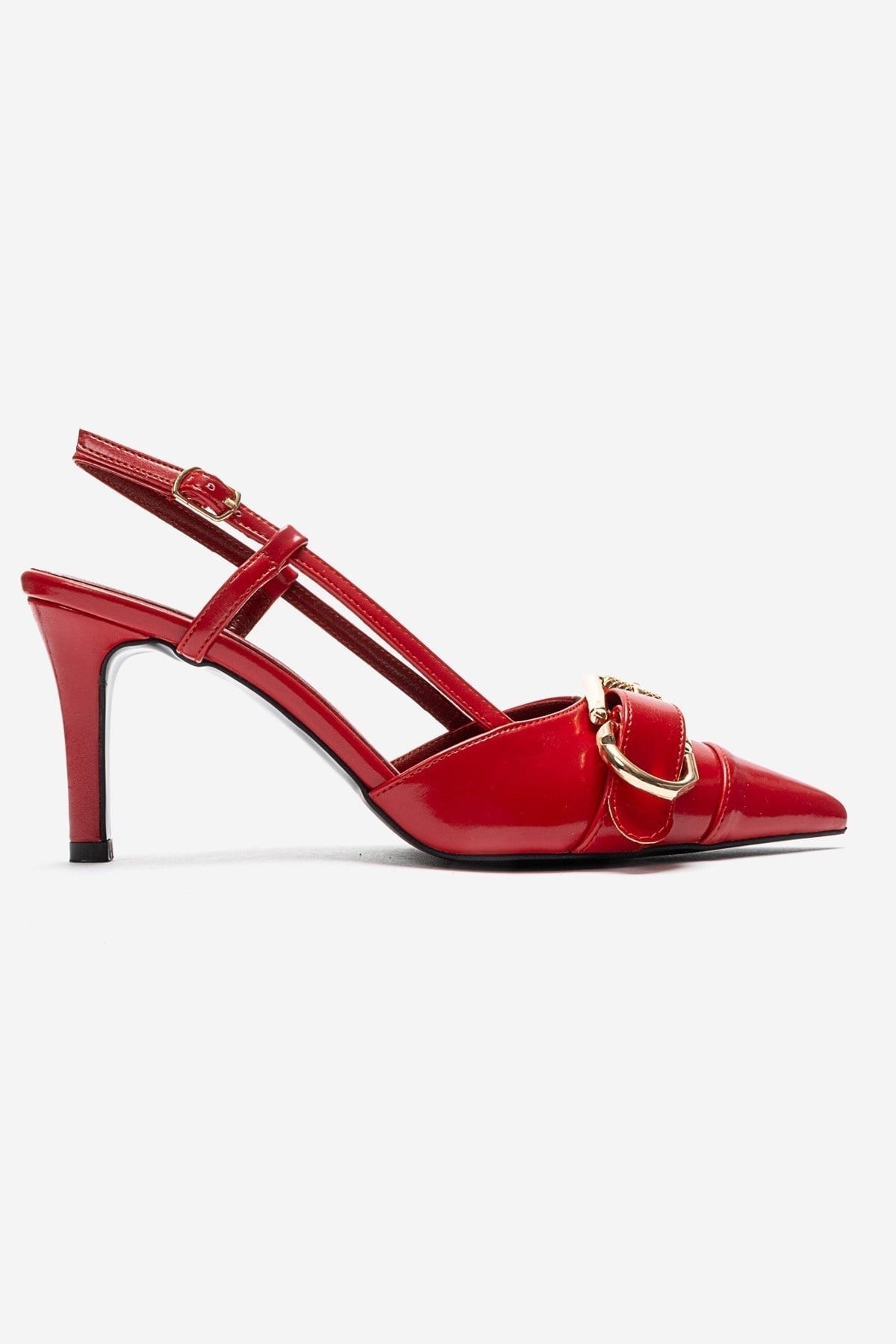 NOEN - Red Buckled Pointed Toe Stiletto Pump – heel view showing leather, red, SimmiUnique