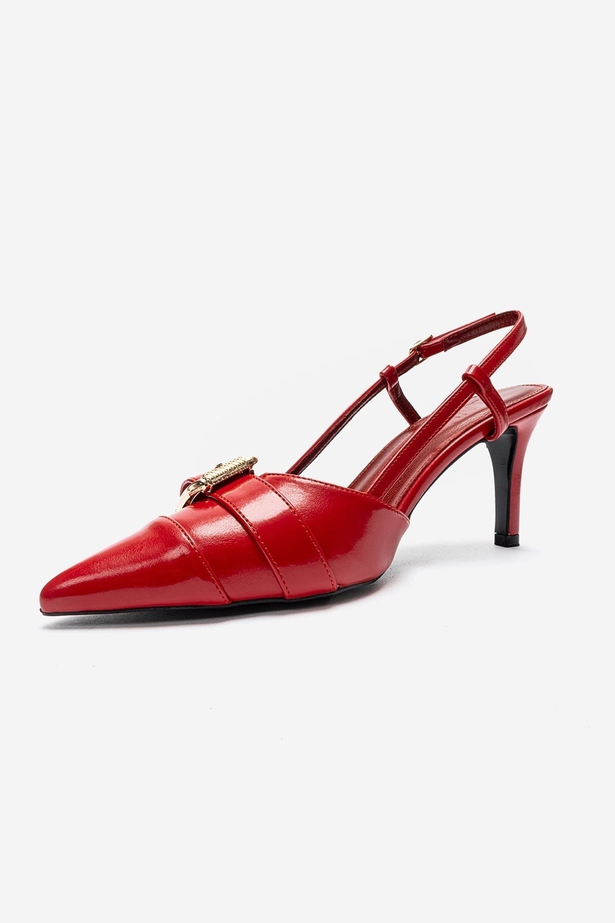 NOEN - Red Buckled Pointed Toe Stiletto Pump – top view showing leather, red, SimmiUnique