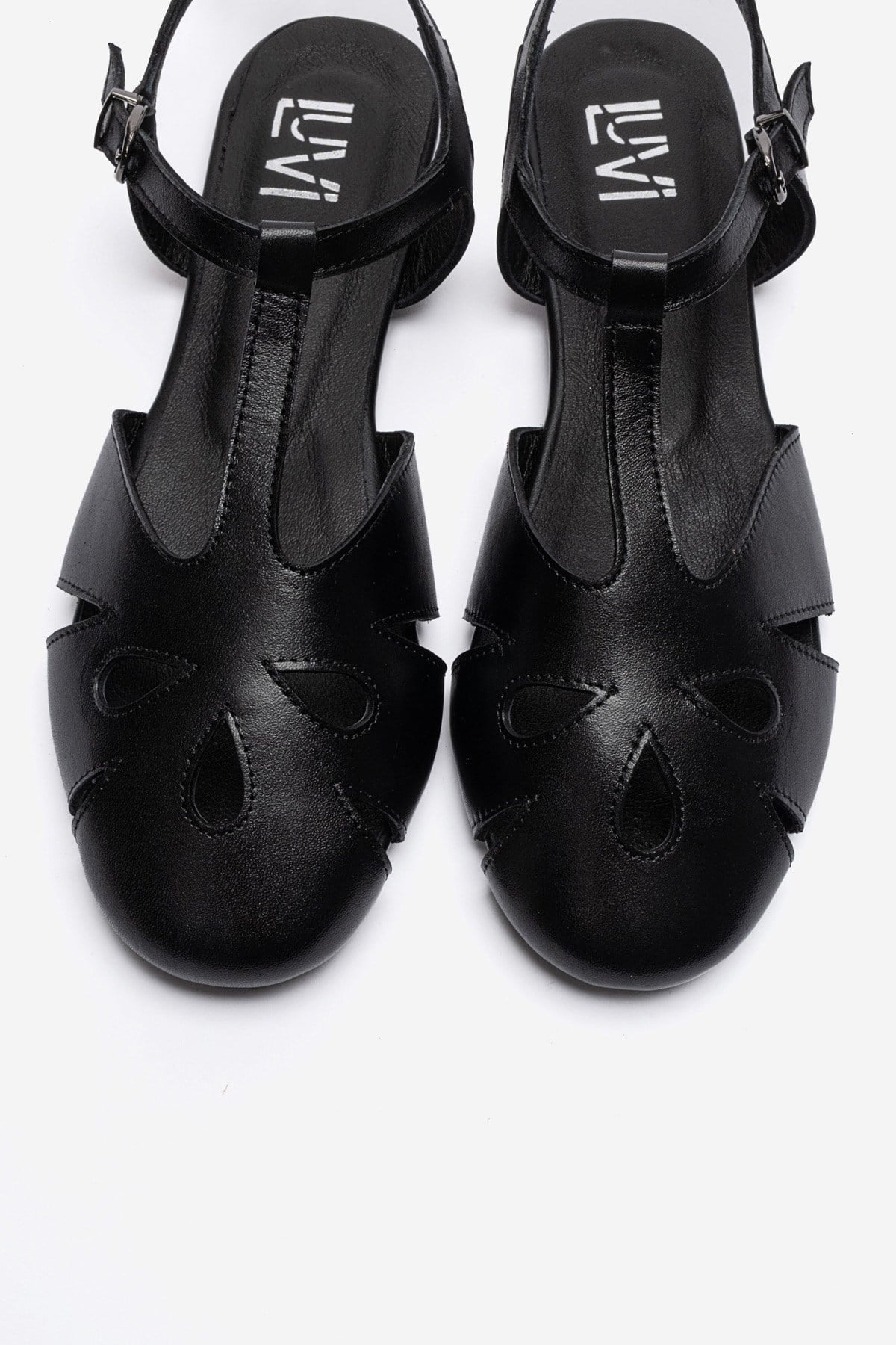 NATHALIE - Black Genuine Leather Ankle-Strap Flat Sandal – side view showing leather, black, SimmiUnique