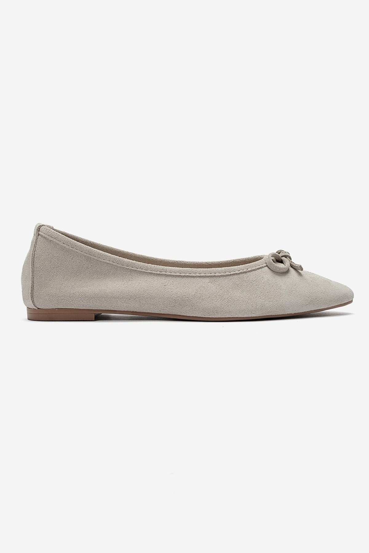 UMIEL - Beige Genuine Leather Bow Ballet Flat – heel view showing bow, leather, suede, SimmiUnique
