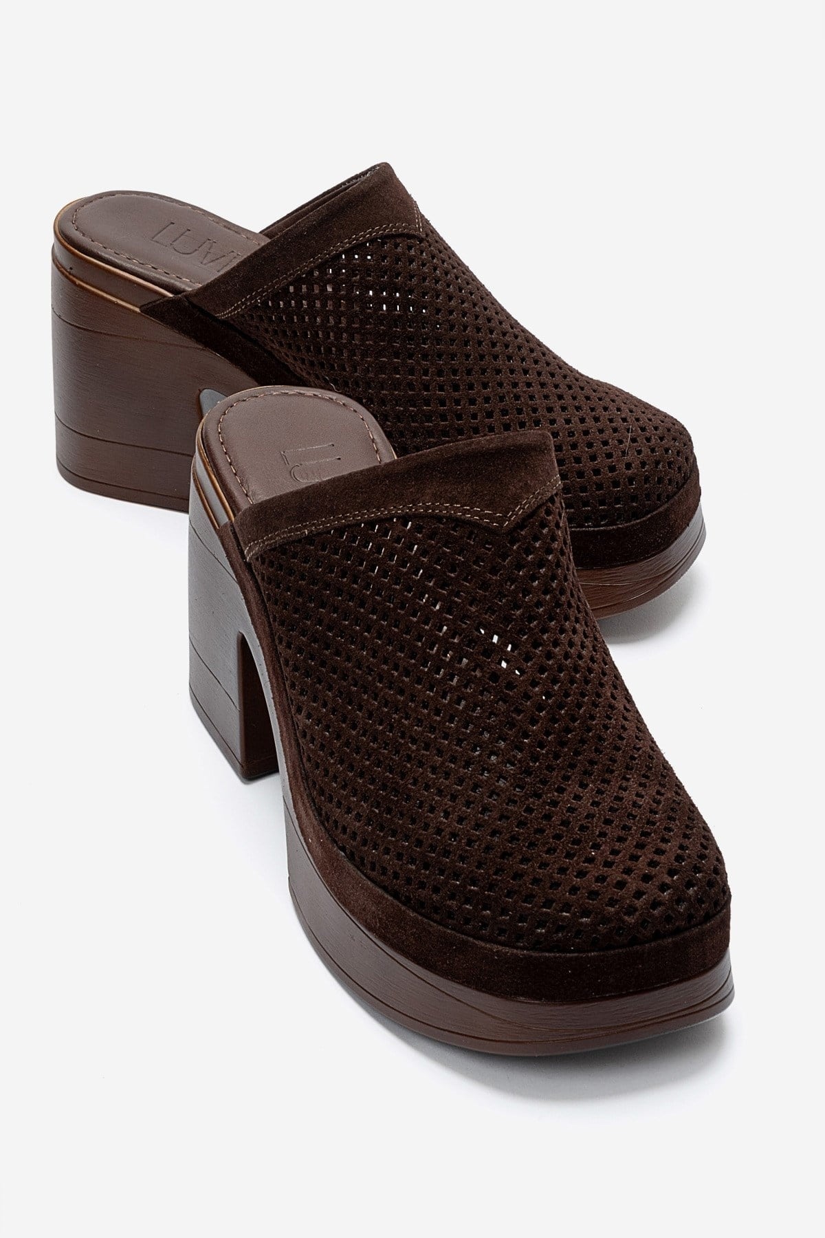 DEJAS - Brown Genuine Suede Leather Block Heel Slide – front three-quarter view showing leather, suede, SimmiUnique