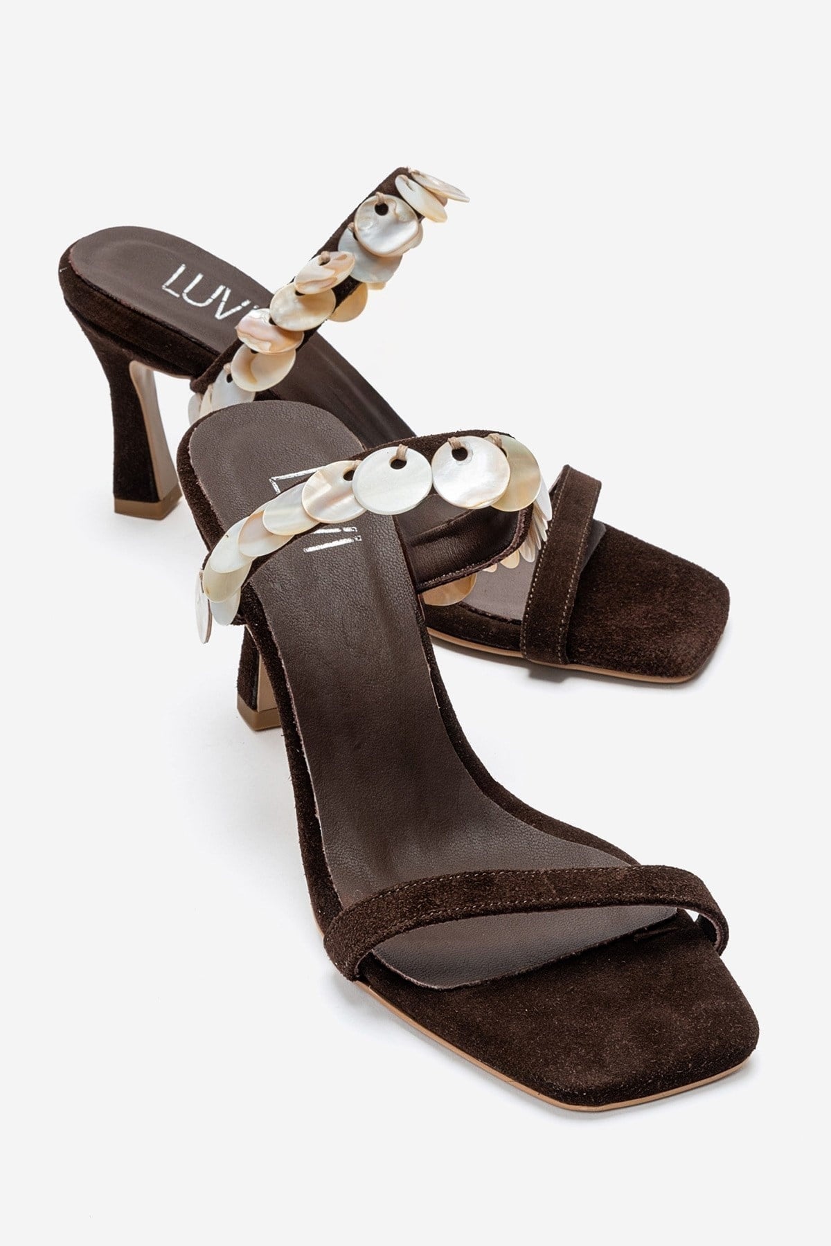 ARUND - Brown Genuine Leather Stiletto Heel Slide – front three-quarter view showing leather, suede, red, SimmiUnique