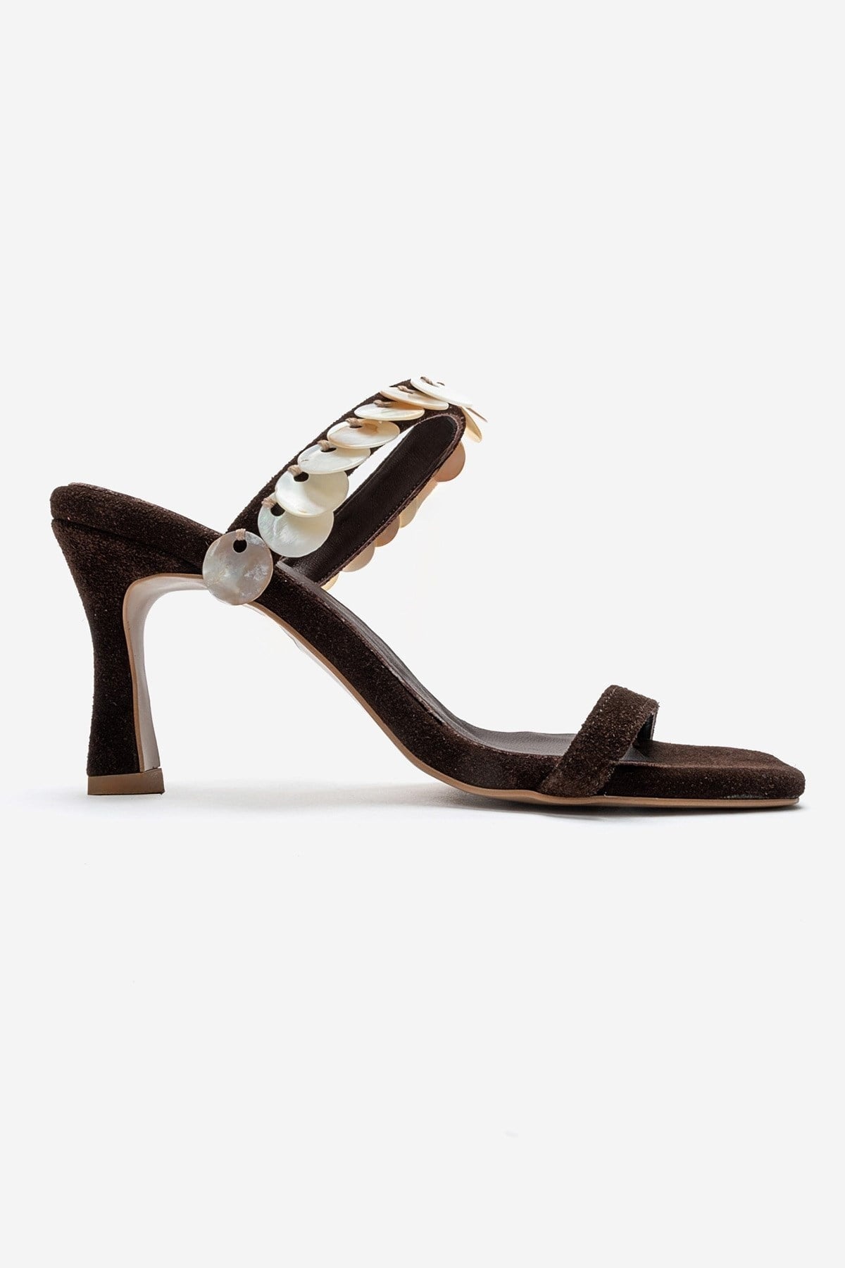 ARUND - Brown Genuine Leather Stiletto Heel Slide – heel view showing leather, suede, red, SimmiUnique