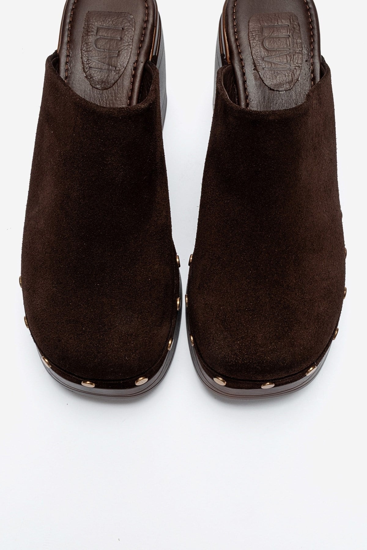 BELLUNE - Brown Genuine Leather Platform Block Heel Mule – side view showing leather, suede, SimmiUnique