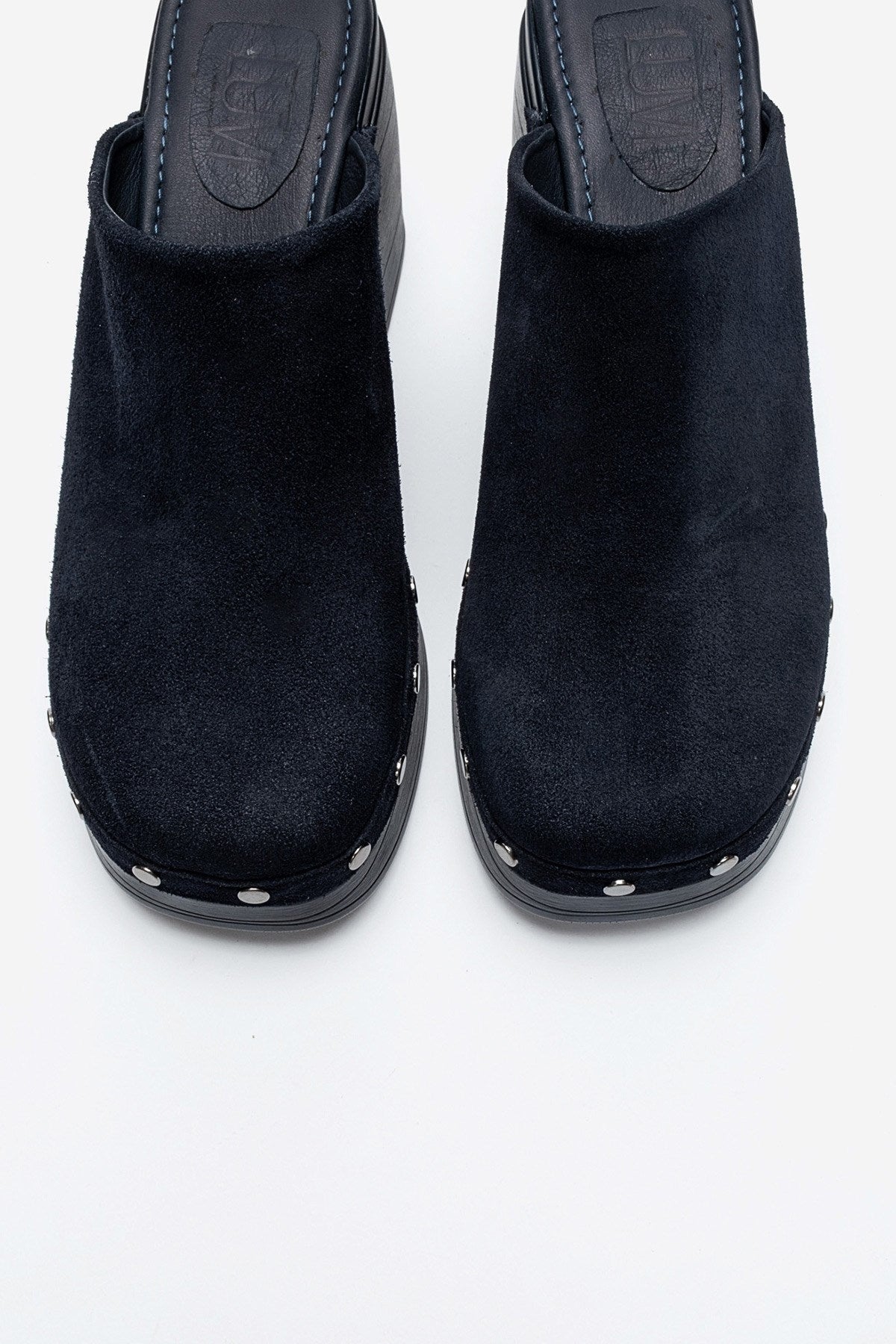 BELLUNE - Navy Genuine Leather Platform Block Heel Mule – side view showing leather, suede, SimmiUnique