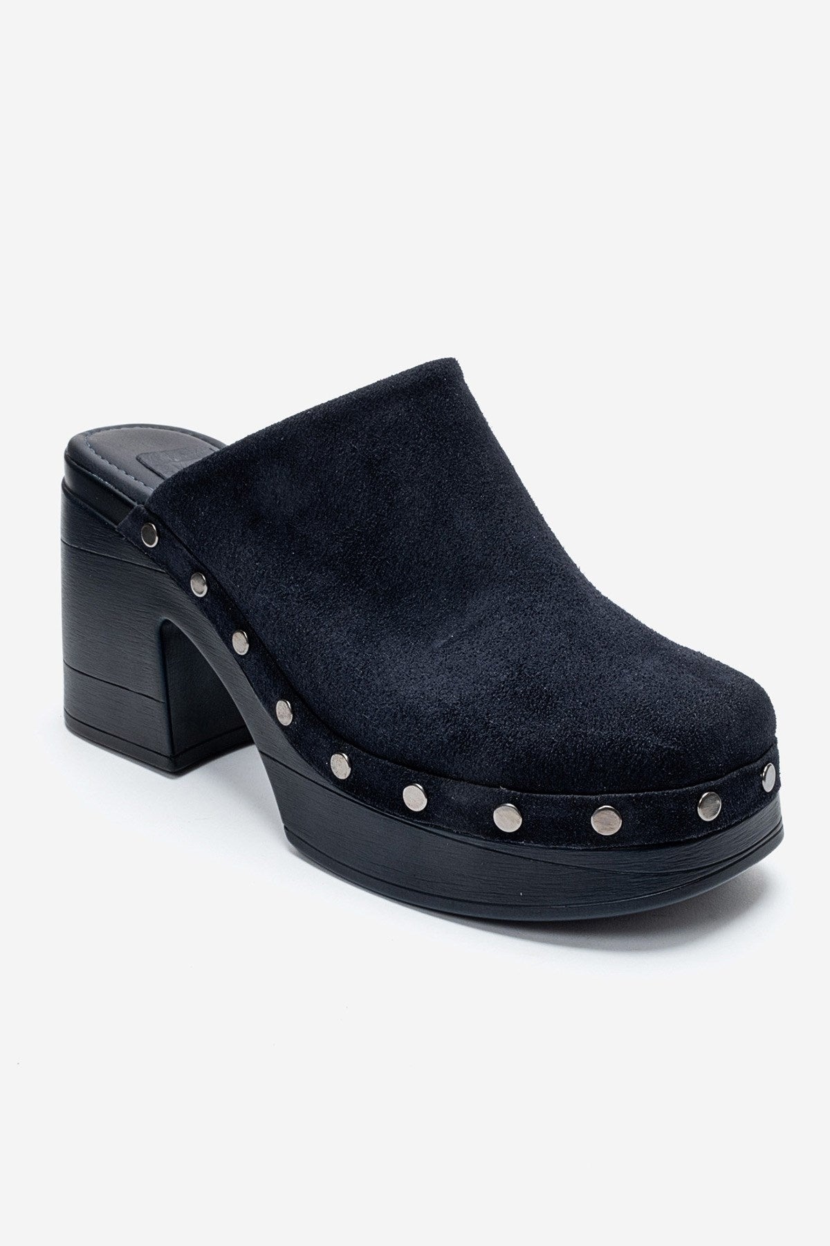 BELLUNE - Navy Genuine Leather Platform Block Heel Mule – detail view showing leather, suede, SimmiUnique