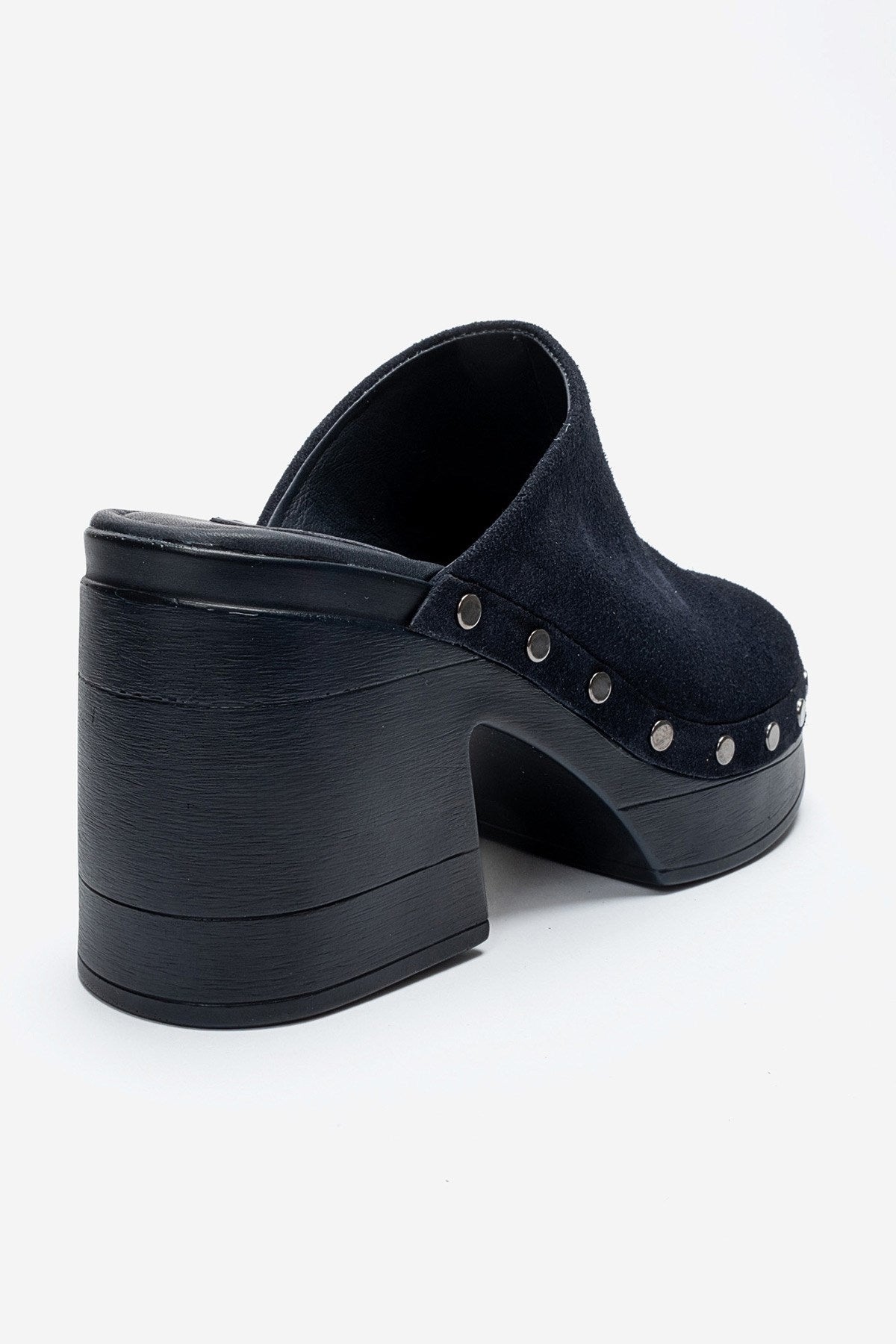 BELLUNE - Navy Genuine Leather Platform Block Heel Mule – back view showing leather, suede, SimmiUnique