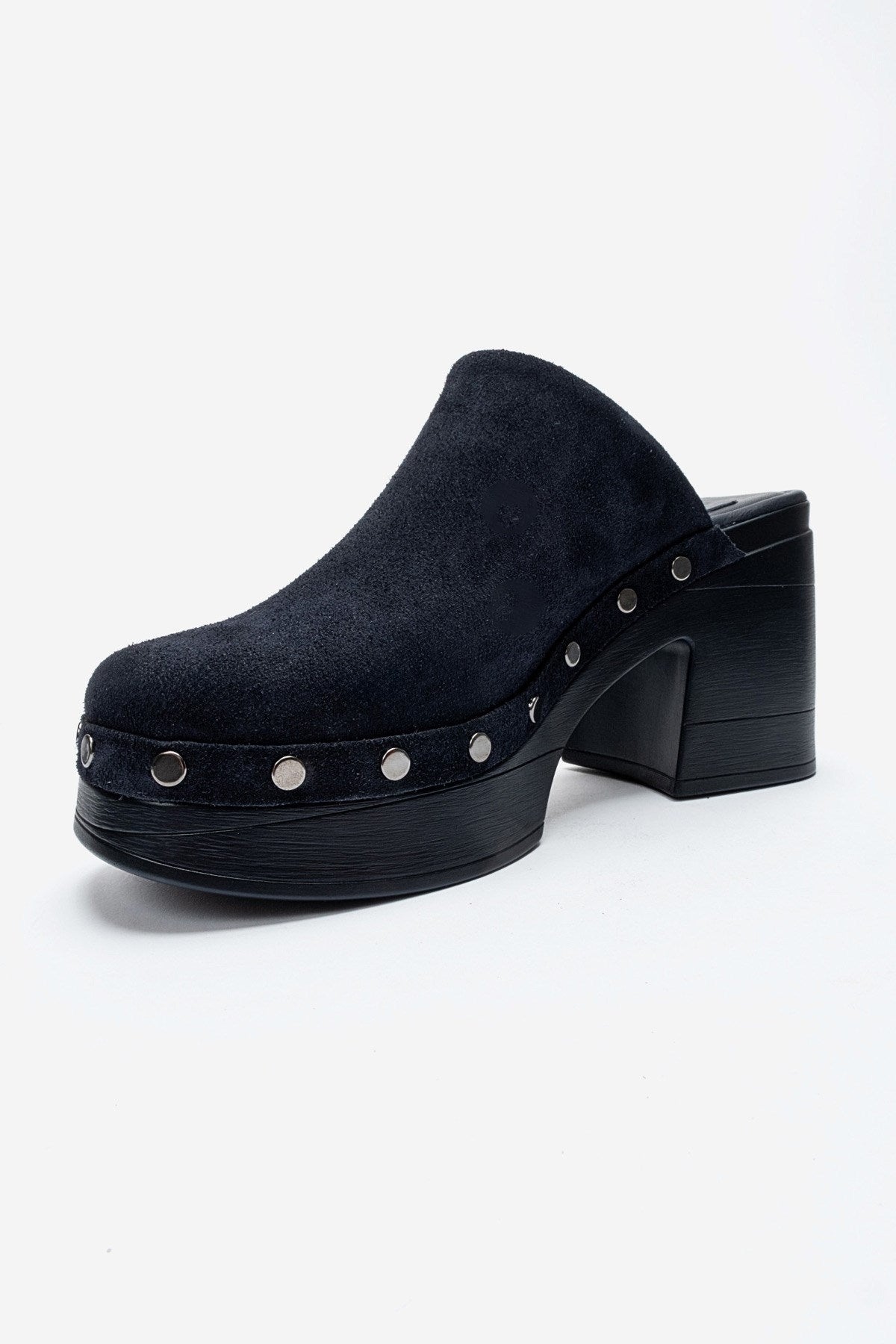 BELLUNE - Navy Genuine Leather Platform Block Heel Mule – top view showing leather, suede, SimmiUnique