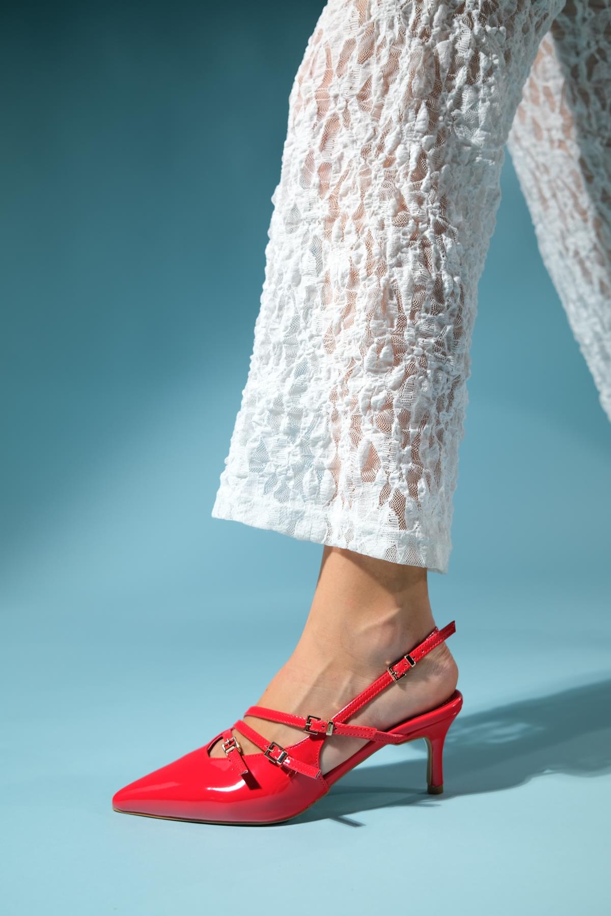 Magra Red Patent Pointed-Toe Slingback Stiletto – heel view showing leather, red, SimmiUnique