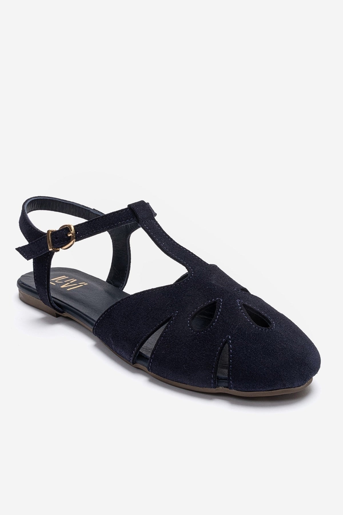 NATHALIE - Navy Genuine Leather Sandal – detail view showing leather, suede, SimmiUnique