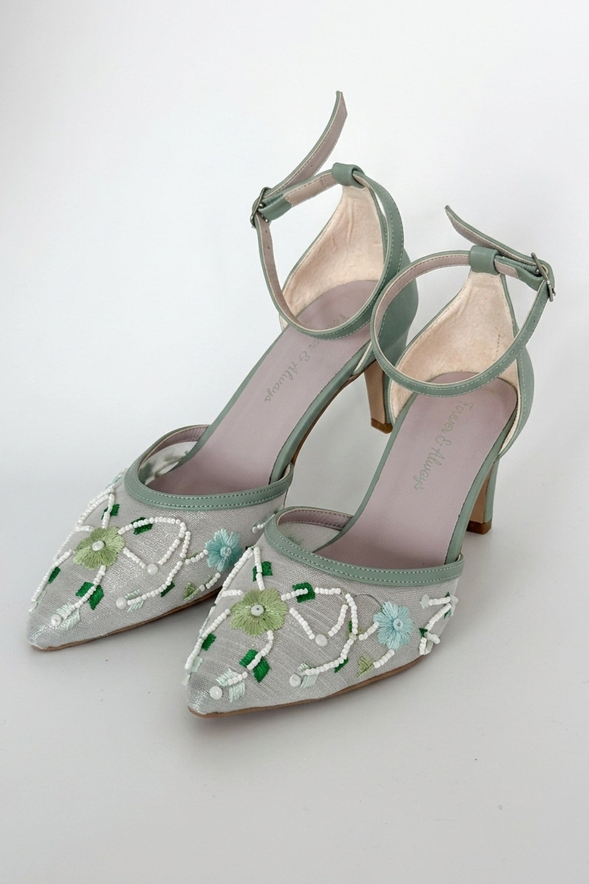 Lorelai Sage Green Embroidered Mesh Pumps – heel view showing beaded, mesh, metallic, SimmiUnique