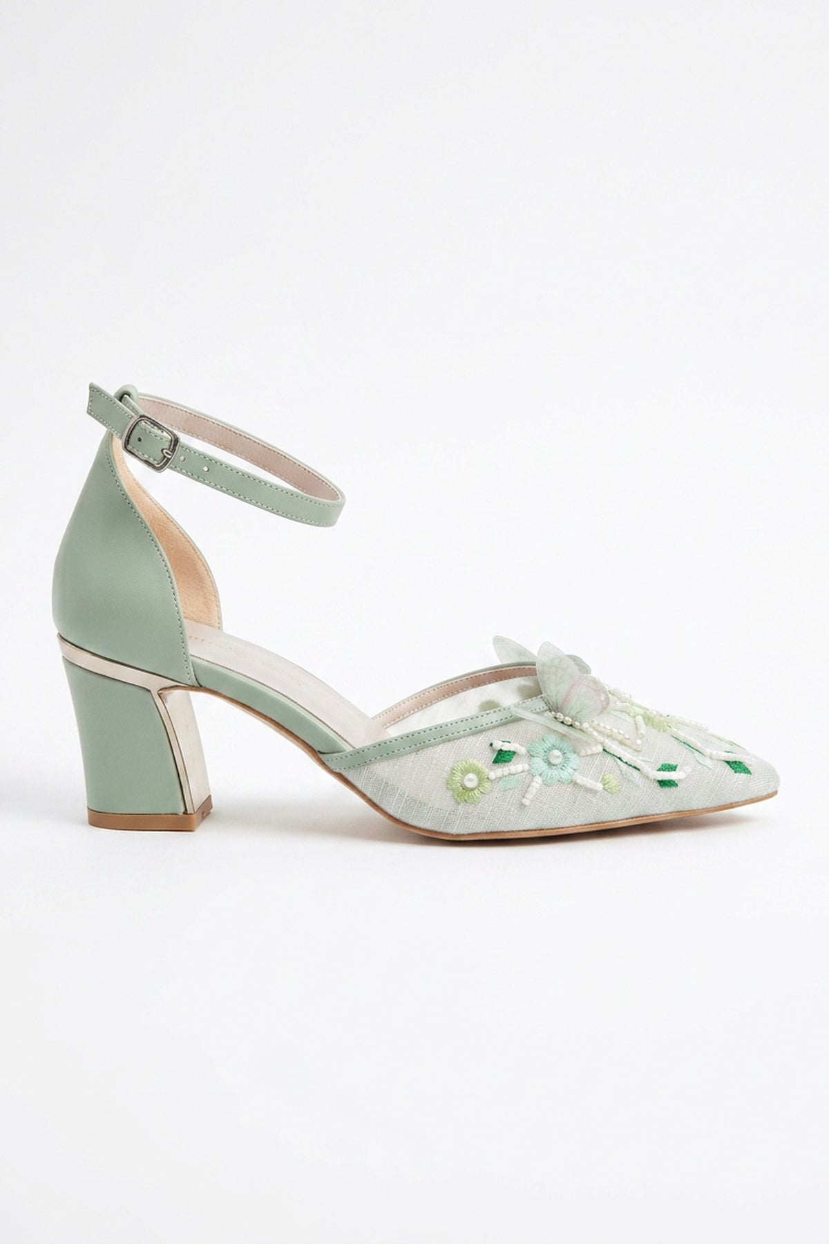 Iry Sage Green Butterfly Embroidered Mesh Pumps – side view showing mesh, metallic, red, SimmiUnique
