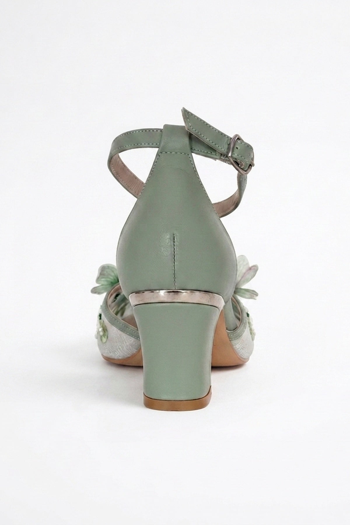 Iry Sage Green Butterfly Embroidered Mesh Pumps – detail view showing mesh, metallic, red, SimmiUnique