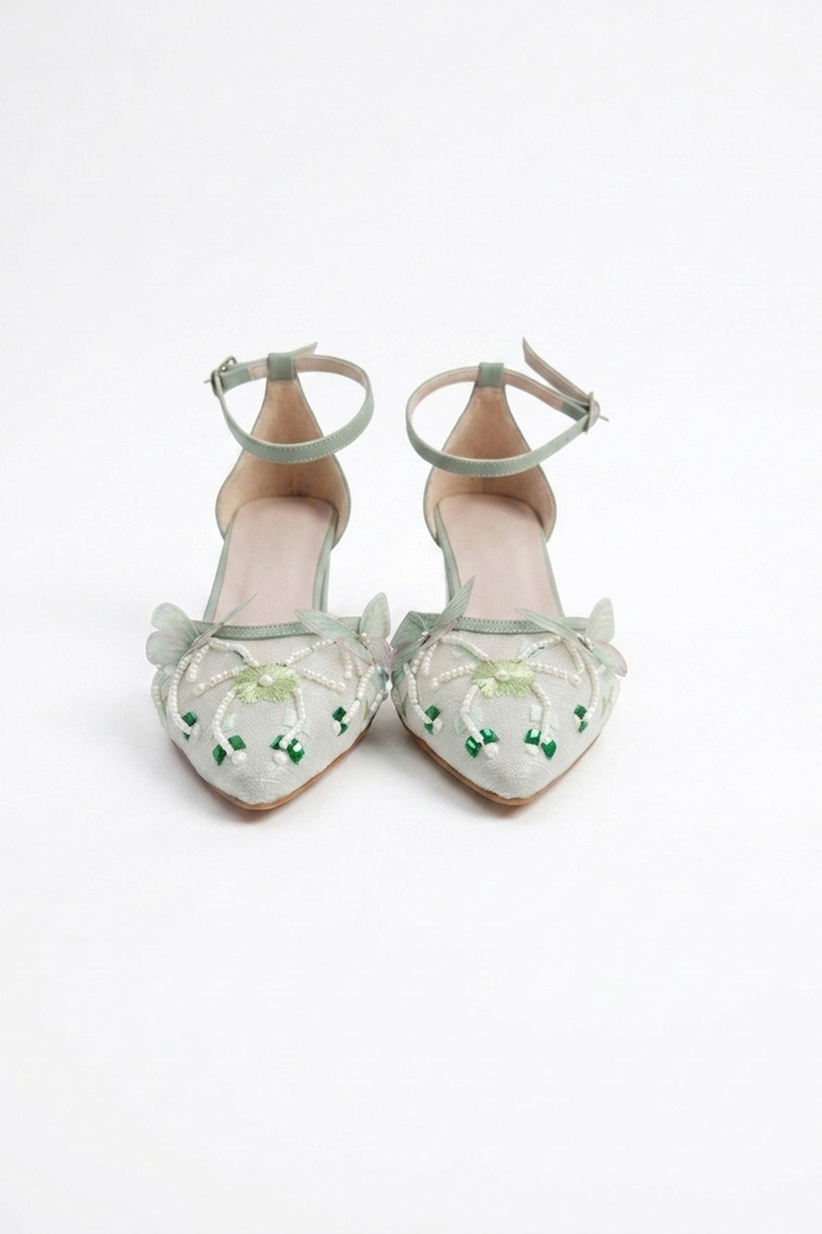 Iry Sage Green Butterfly Embroidered Mesh Pumps – heel view showing mesh, metallic, red, SimmiUnique