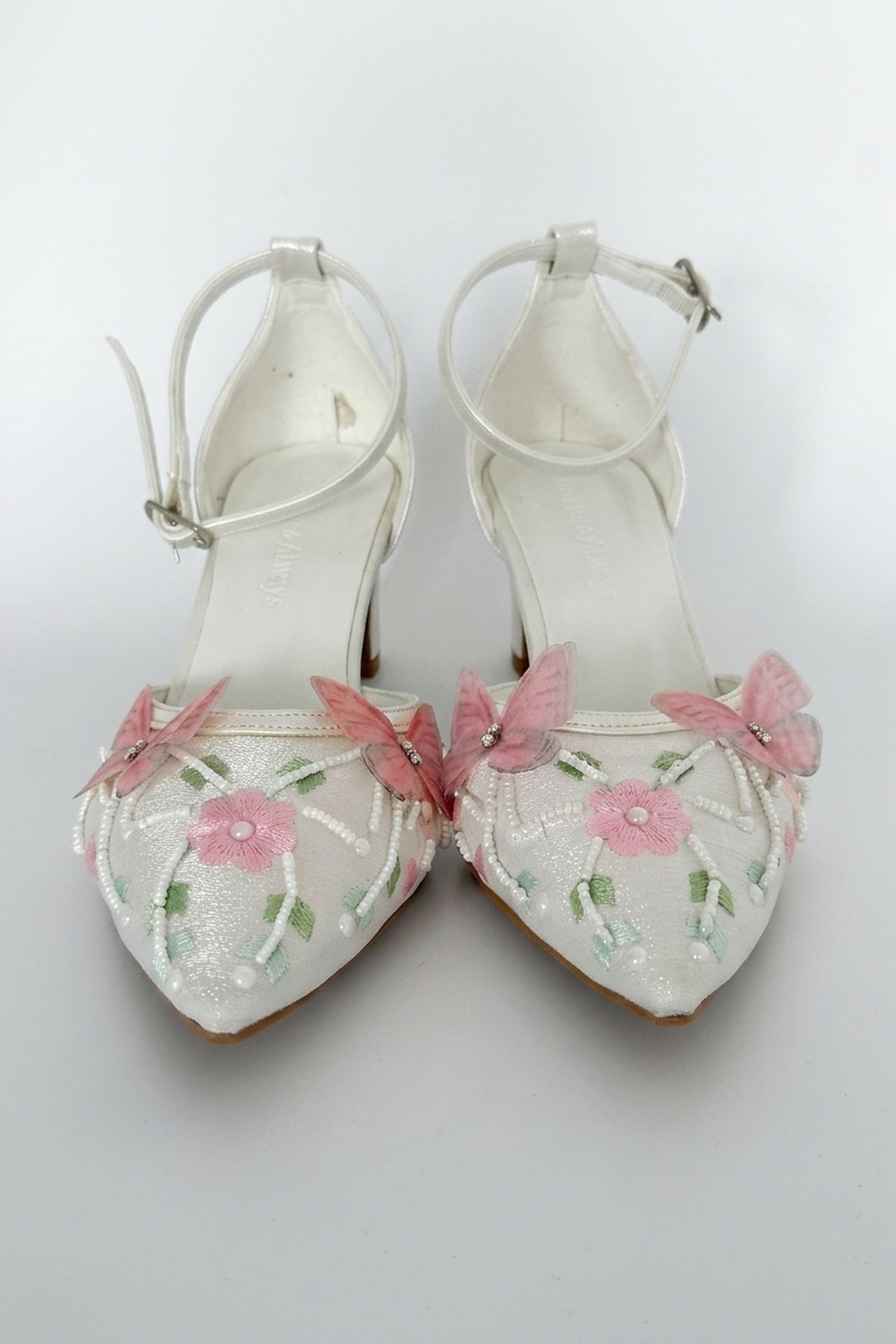 Iry Ivory Butterfly Embroidered Mesh Pumps – heel view showing mesh, metallic, ivory, SimmiUnique