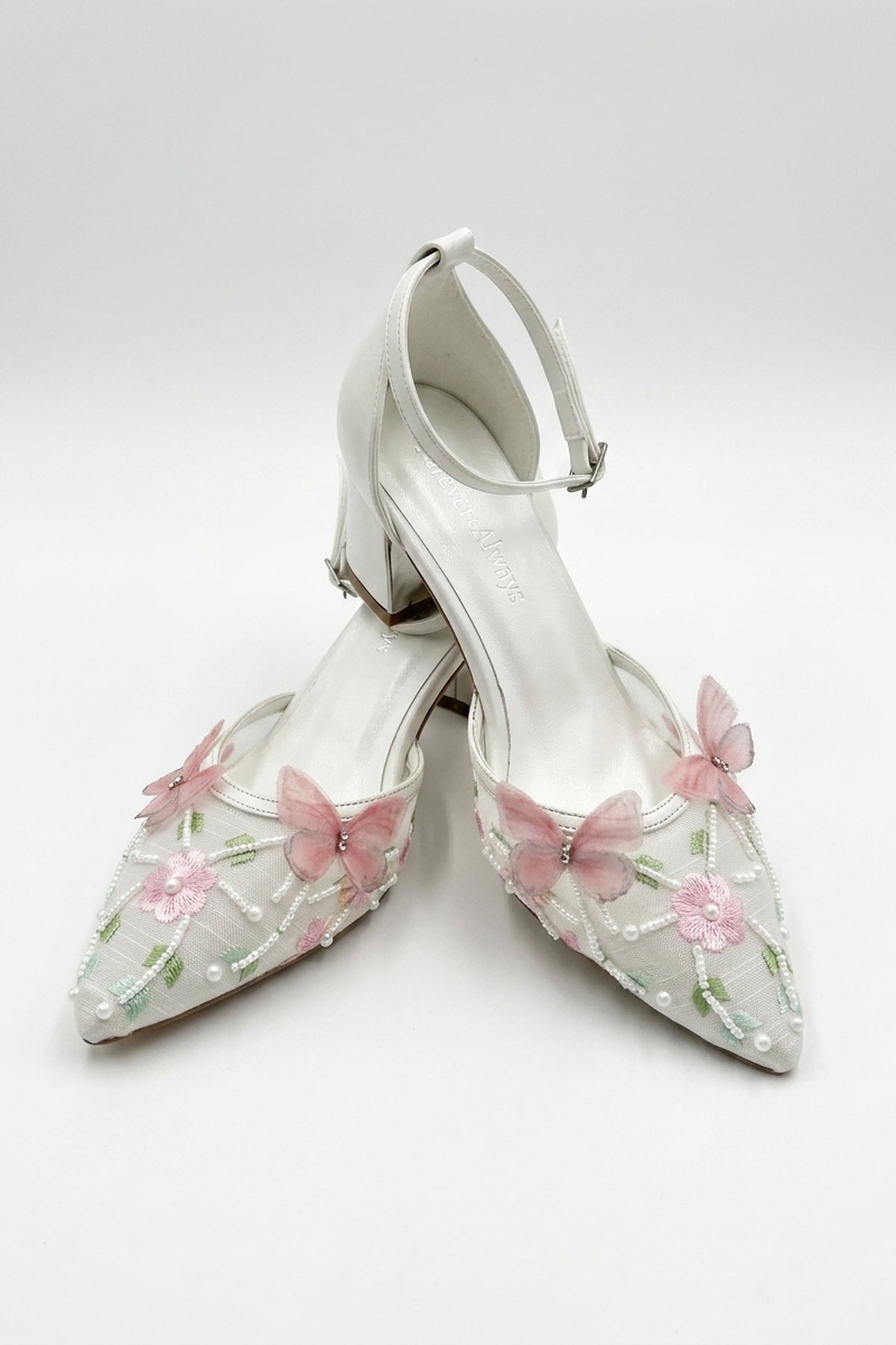 Iry Ivory Butterfly Embroidered Mesh Pumps – top view showing mesh, metallic, ivory, SimmiUnique