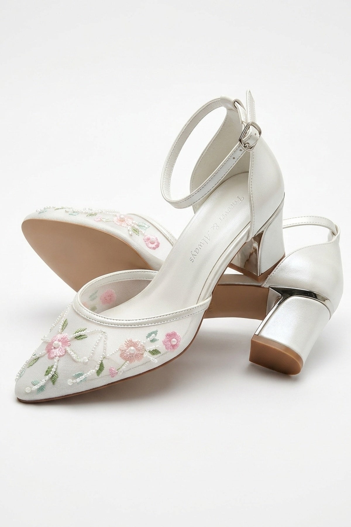 Lorelai Ivory Embroidered Mesh Pumps – heel view showing beaded, mesh, metallic, SimmiUnique