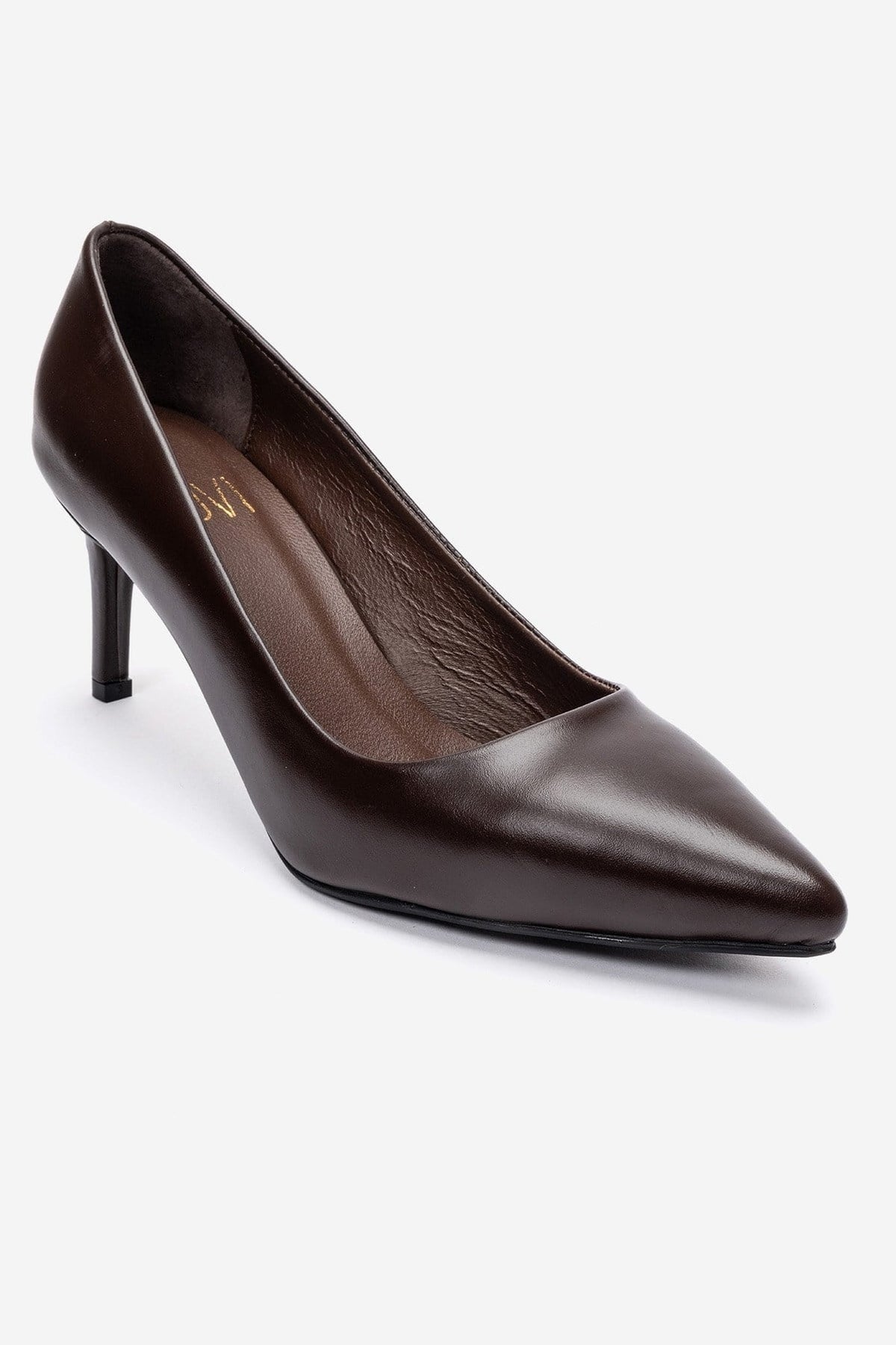 Clyde - Brown Genuine Leather Stiletto Pump – detail view showing leather, SimmiUnique