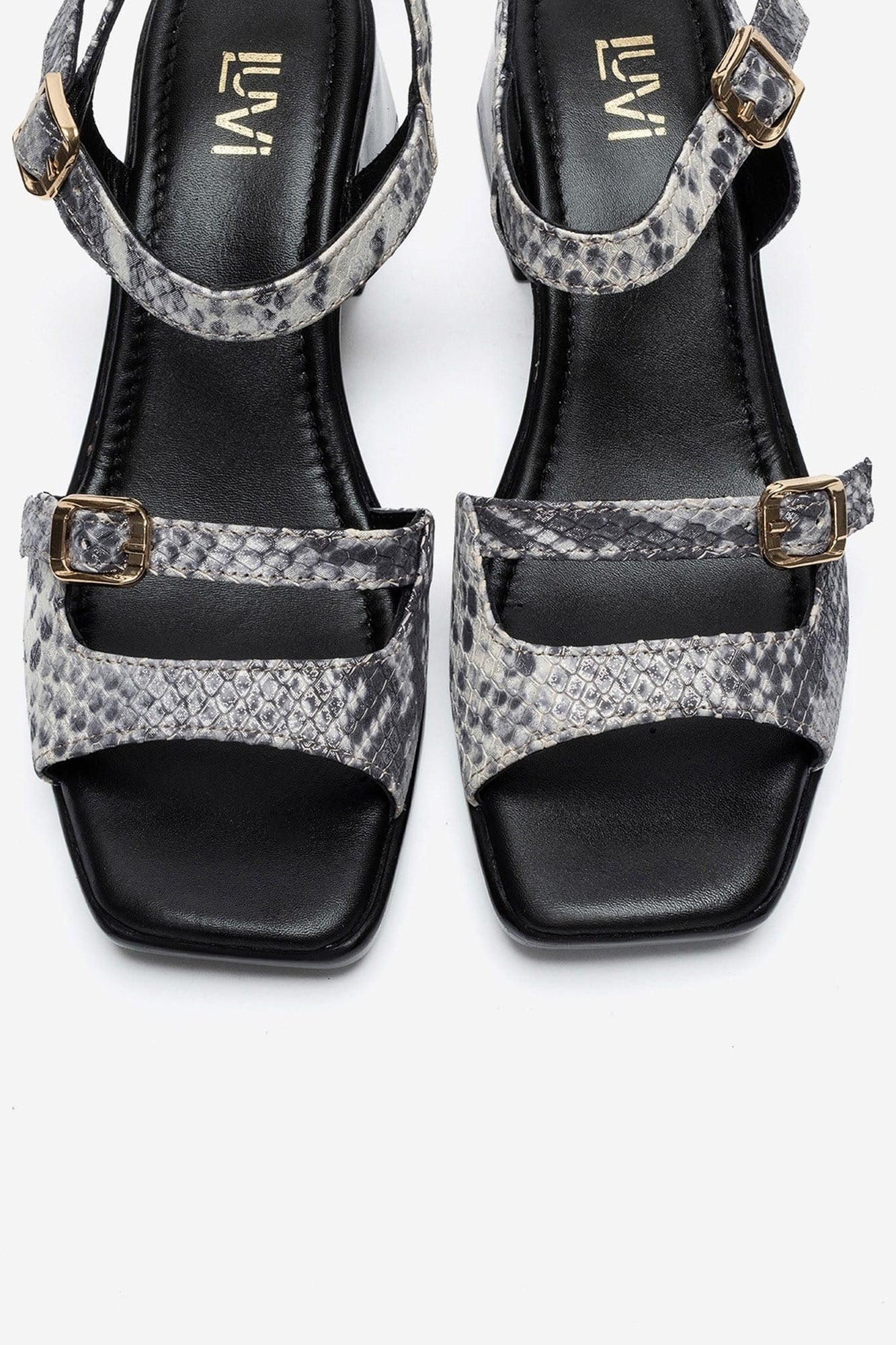 YOLEN - Black Patterned Genuine Leather Block Heel Sandal – side view showing leather, black, red, SimmiUnique