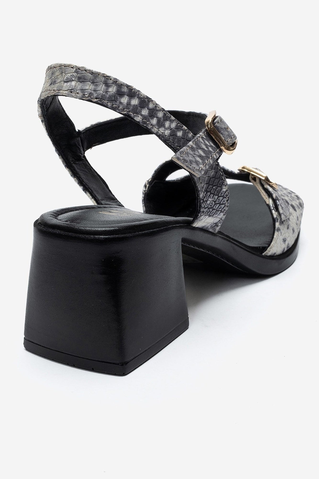 YOLEN - Black Patterned Genuine Leather Block Heel Sandal – back view showing leather, black, red, SimmiUnique