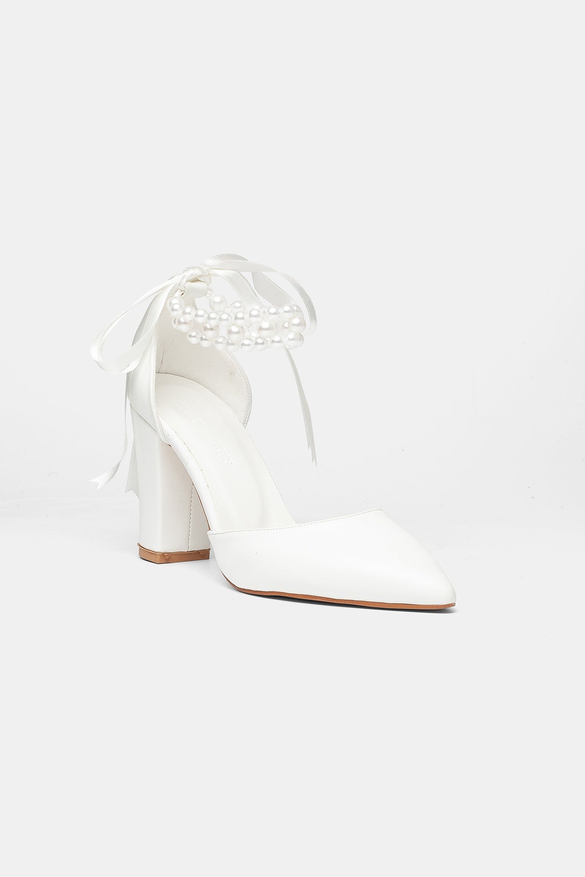 Sora Pearl Block Heel Bridal Pumps – front three-quarter view showing pearl, satin, leather, SimmiUnique