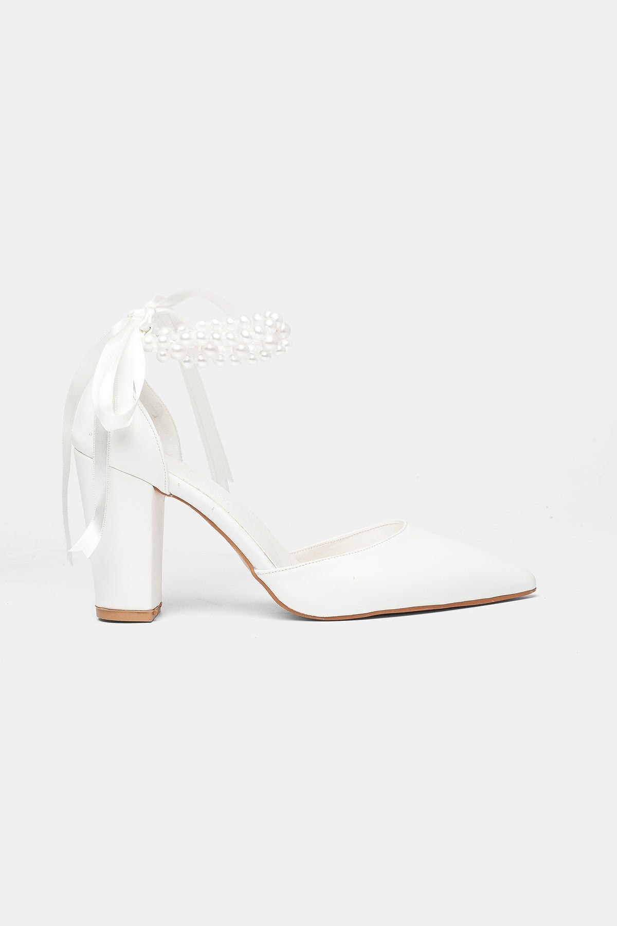 Sora Pearl Block Heel Bridal Pumps – side view showing pearl, satin, leather, SimmiUnique