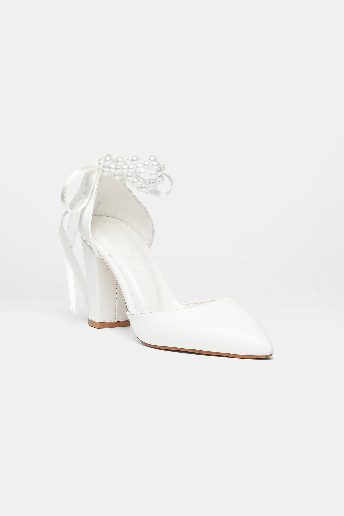 Zia Pearl Ribbon Block Heel Bridal Pumps – front three-quarter view showing pearl, satin, leather, SimmiUnique