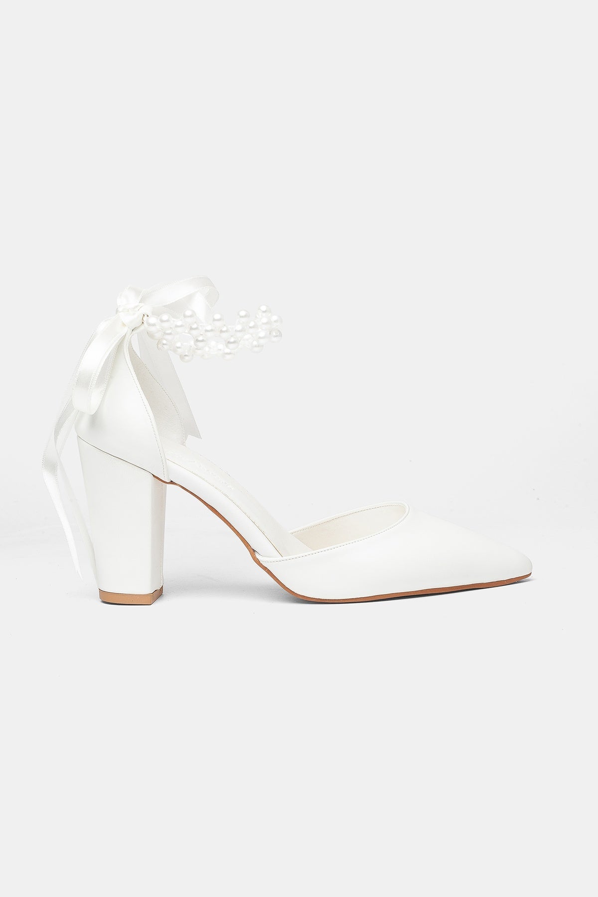 Zia Pearl Ribbon Block Heel Bridal Pumps – side view showing pearl, satin, leather, SimmiUnique