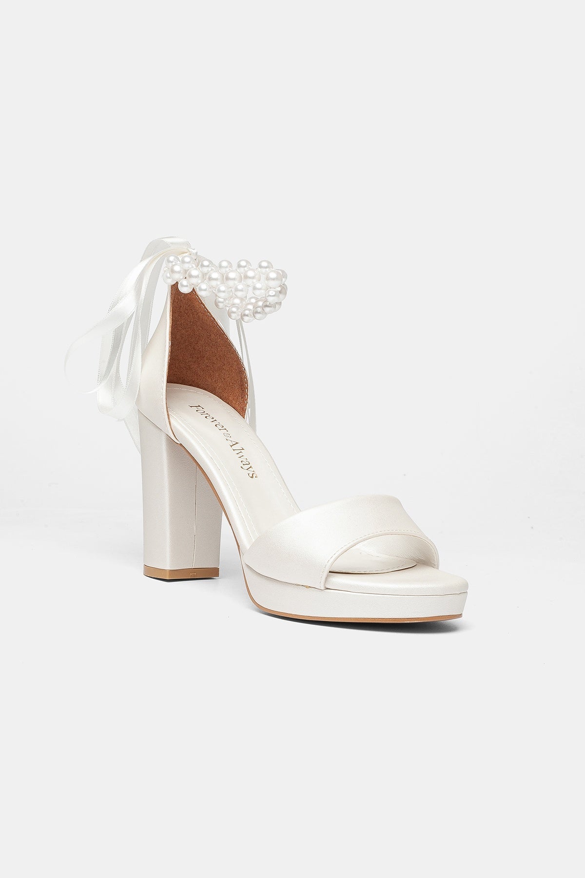 Tiara Pearl Block Heel Bridal Pumps – front three-quarter view showing pearl, satin, leather, SimmiUnique