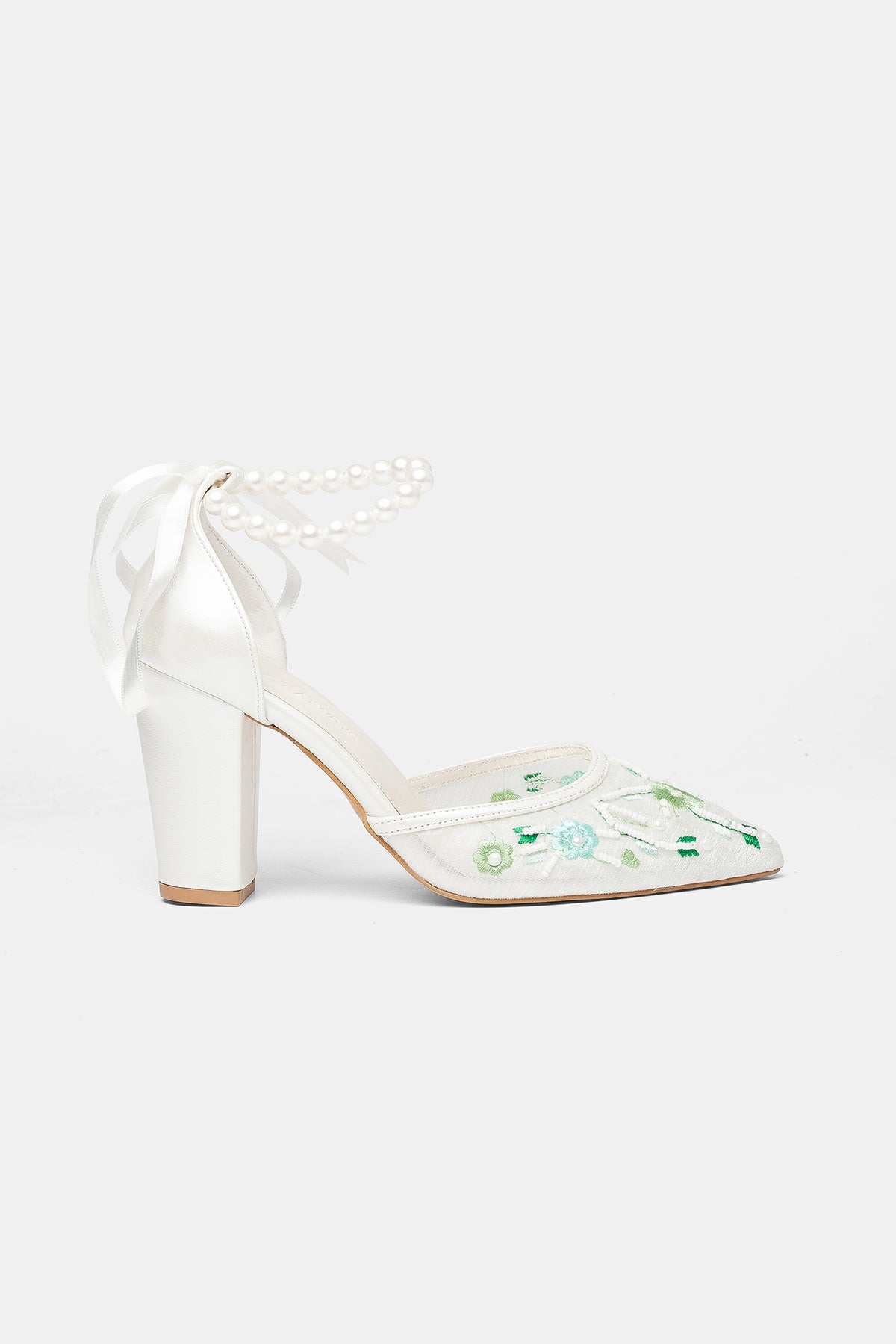 Lorraine - Ivory With Green Flowers Pearl Strap Wedding Shoes – side view showing pearl, lace, leather, SimmiUnique