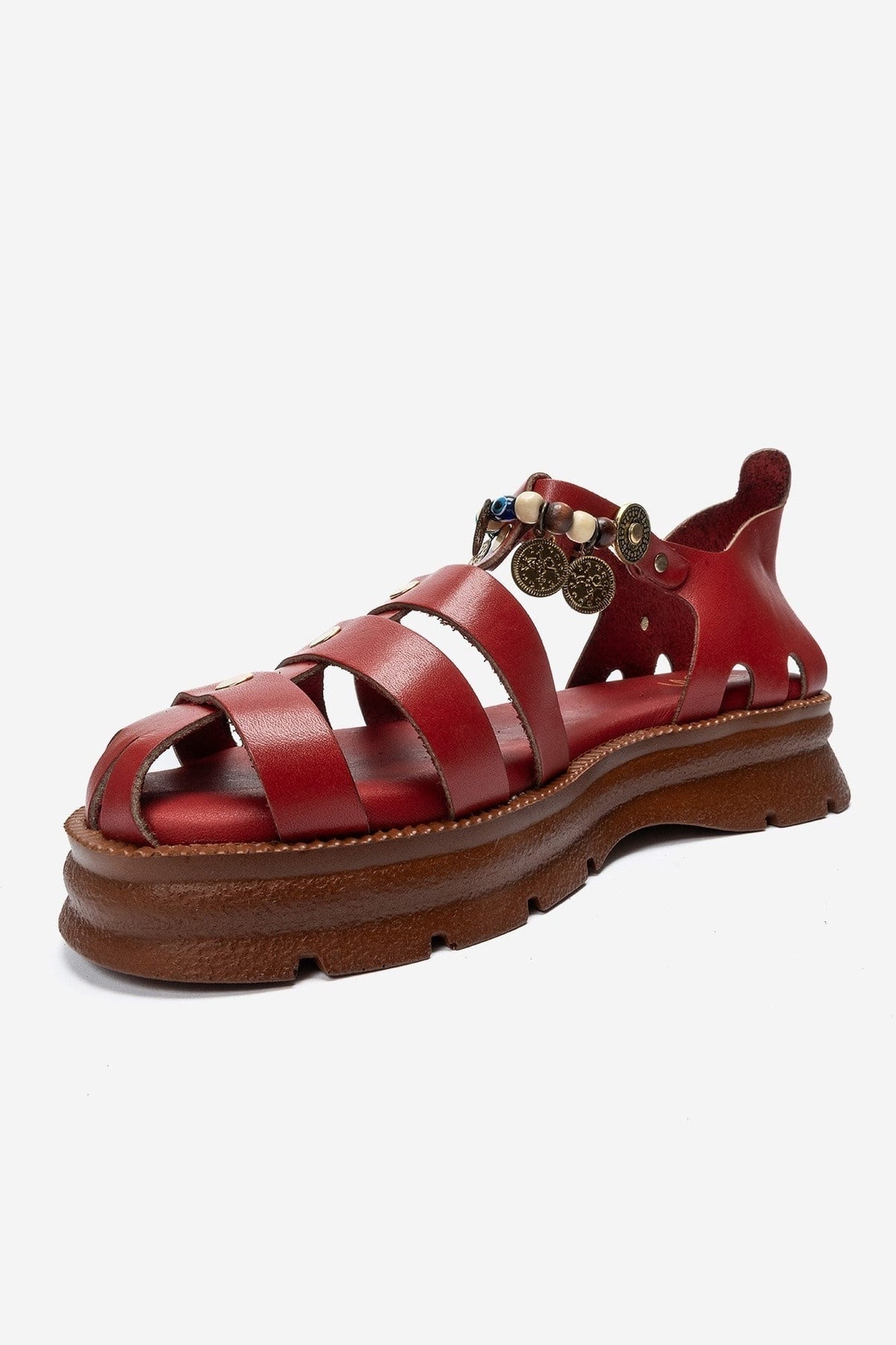SOLIS - Red Genuine Leather Beaded Sandal – top view showing leather, beaded, red, SimmiUnique