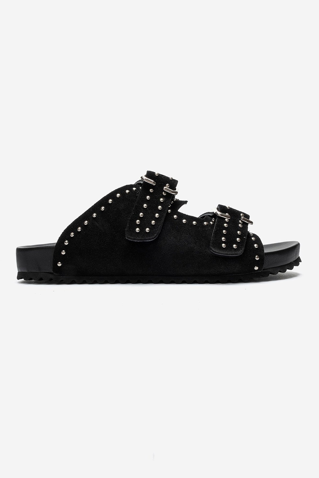AVENELLE - Black Suede Genuine Leather Double-Band Studded Slide – back view showing leather, suede, black, SimmiUnique