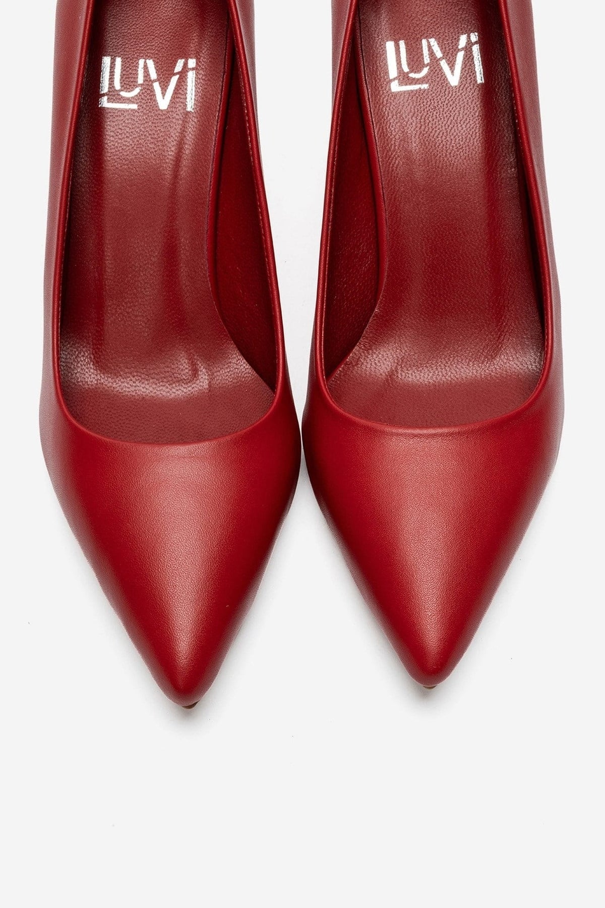 CLYDE - Red Genuine Leather Stiletto Pump – side view showing leather, red, SimmiUnique