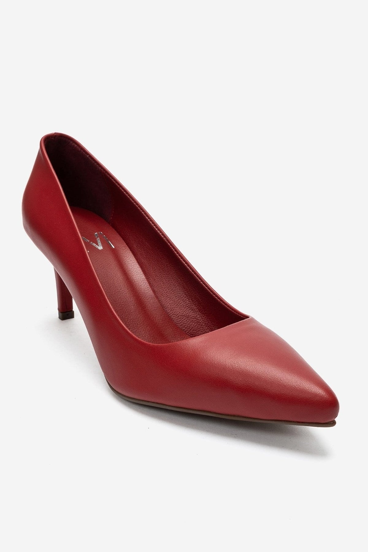 CLYDE - Red Genuine Leather Stiletto Pump – detail view showing leather, red, SimmiUnique