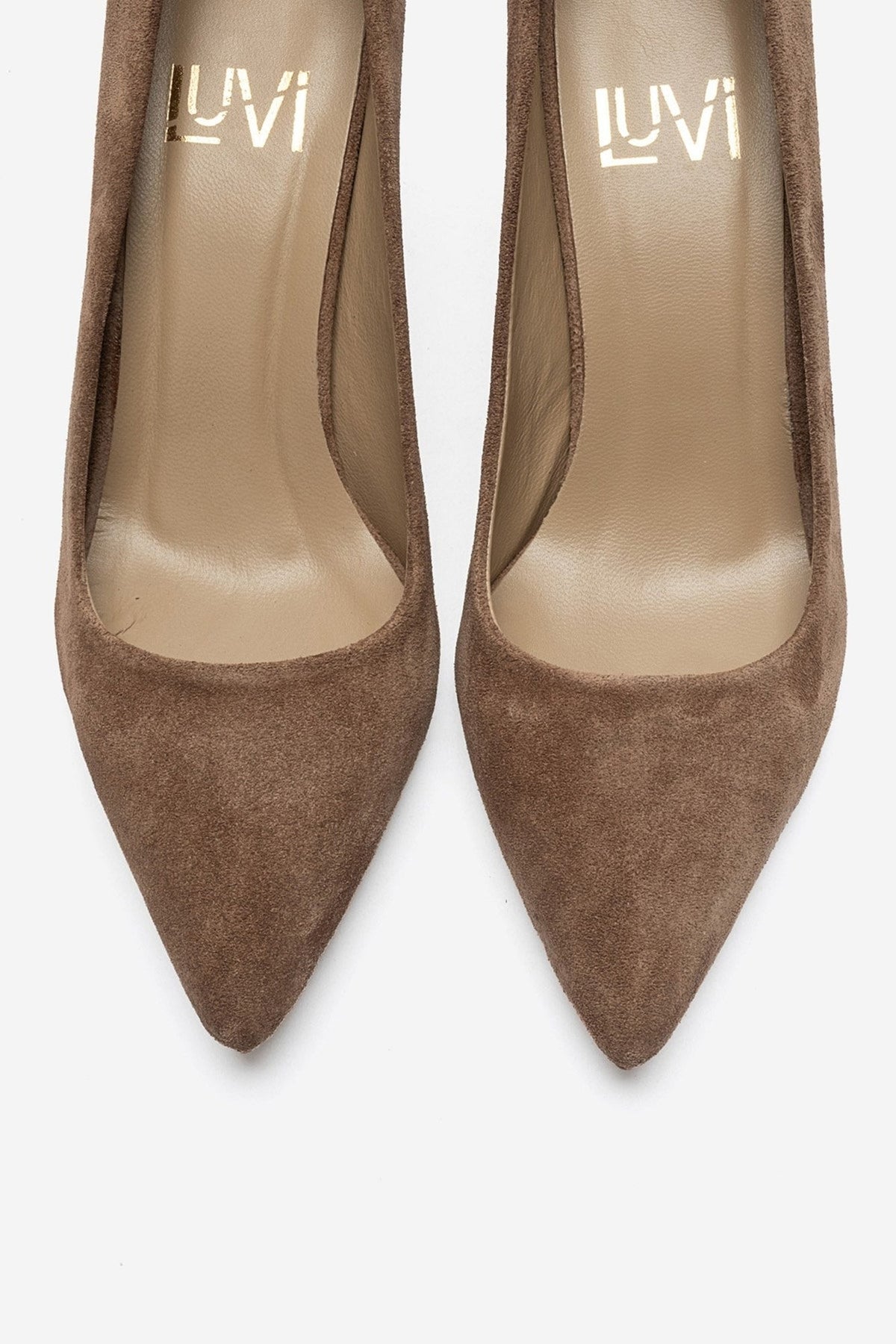 CLYDE - Taupe Suede Genuine Leather Stiletto Pump – side view showing leather, suede, SimmiUnique