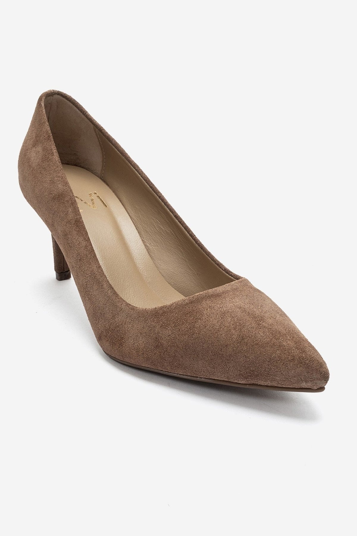 CLYDE - Taupe Suede Genuine Leather Stiletto Pump – detail view showing leather, suede, SimmiUnique