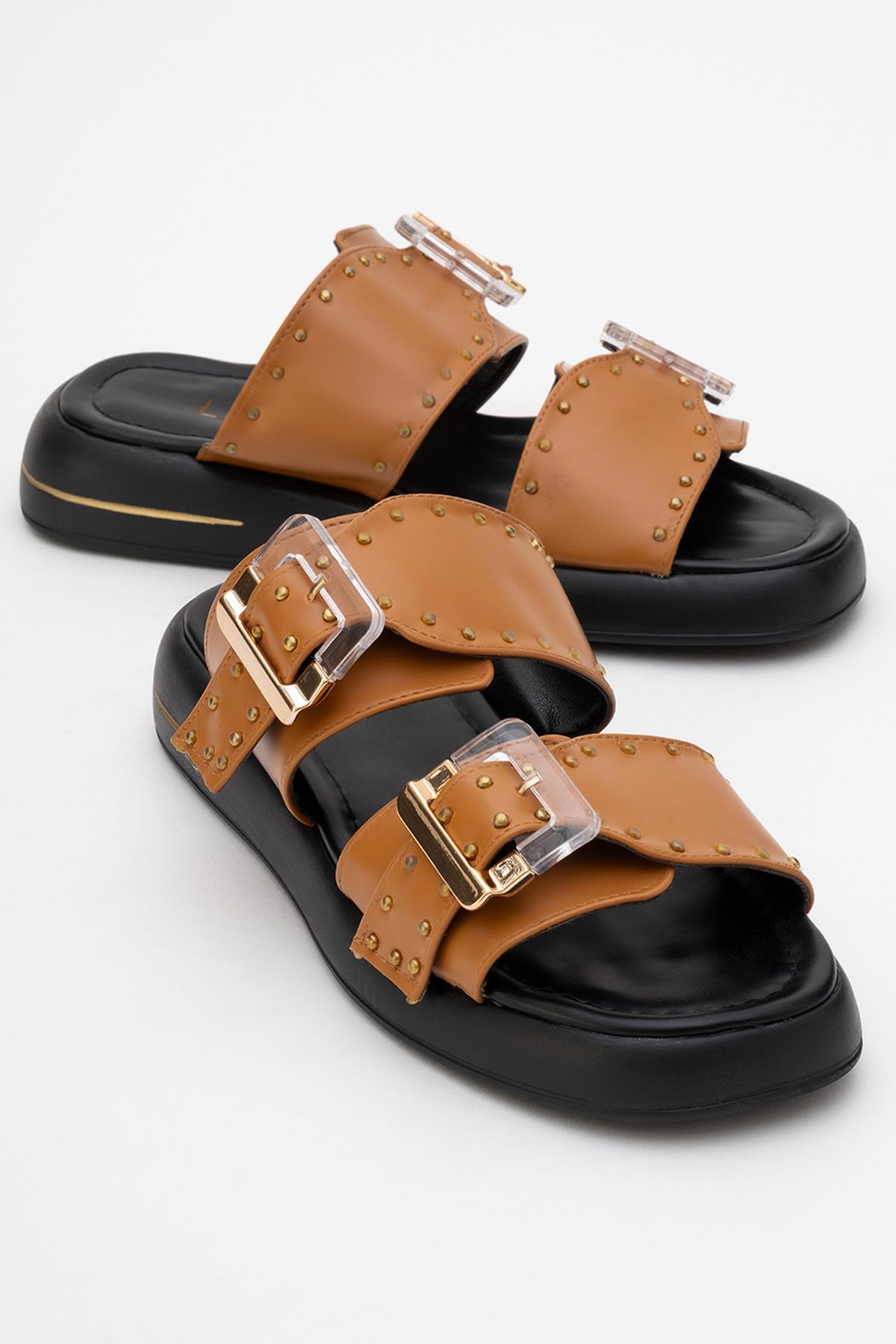 Zley Cognac Buckle Sandal – front three-quarter view showing leather, red, SimmiUnique