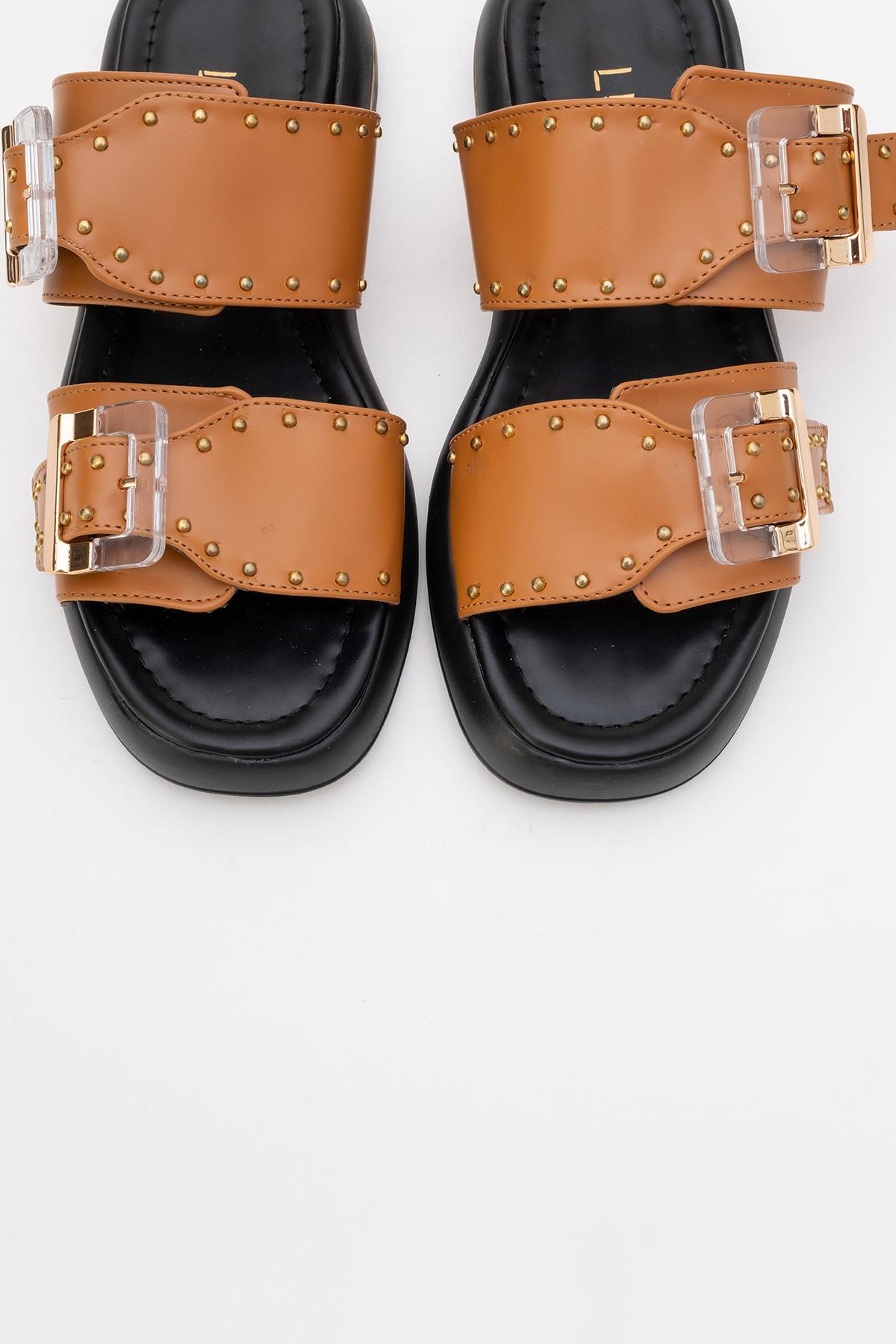 Zley Cognac Buckle Sandal – detail view showing leather, red, SimmiUnique