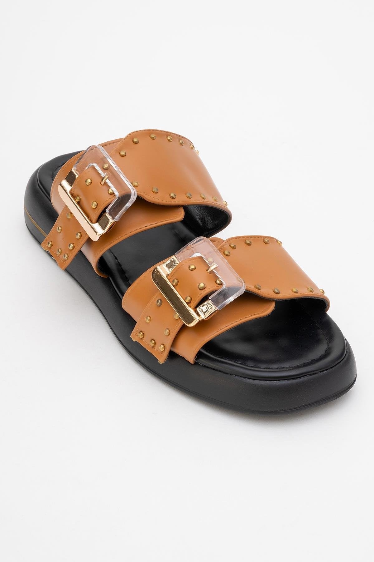 Zley Cognac Buckle Sandal – heel view showing leather, red, SimmiUnique