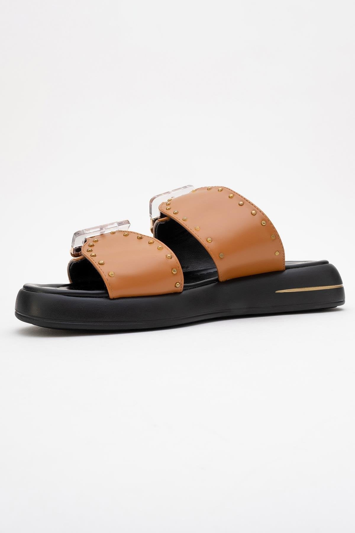 Zley Cognac Buckle Sandal – sole view showing leather, red, SimmiUnique
