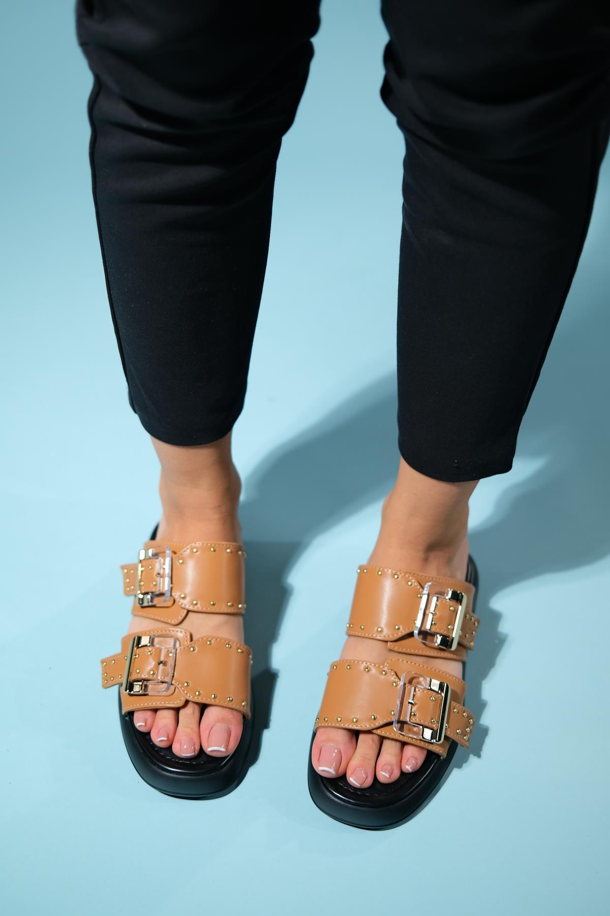 Zley Cognac Buckle Sandal – pair view showing leather, red, SimmiUnique