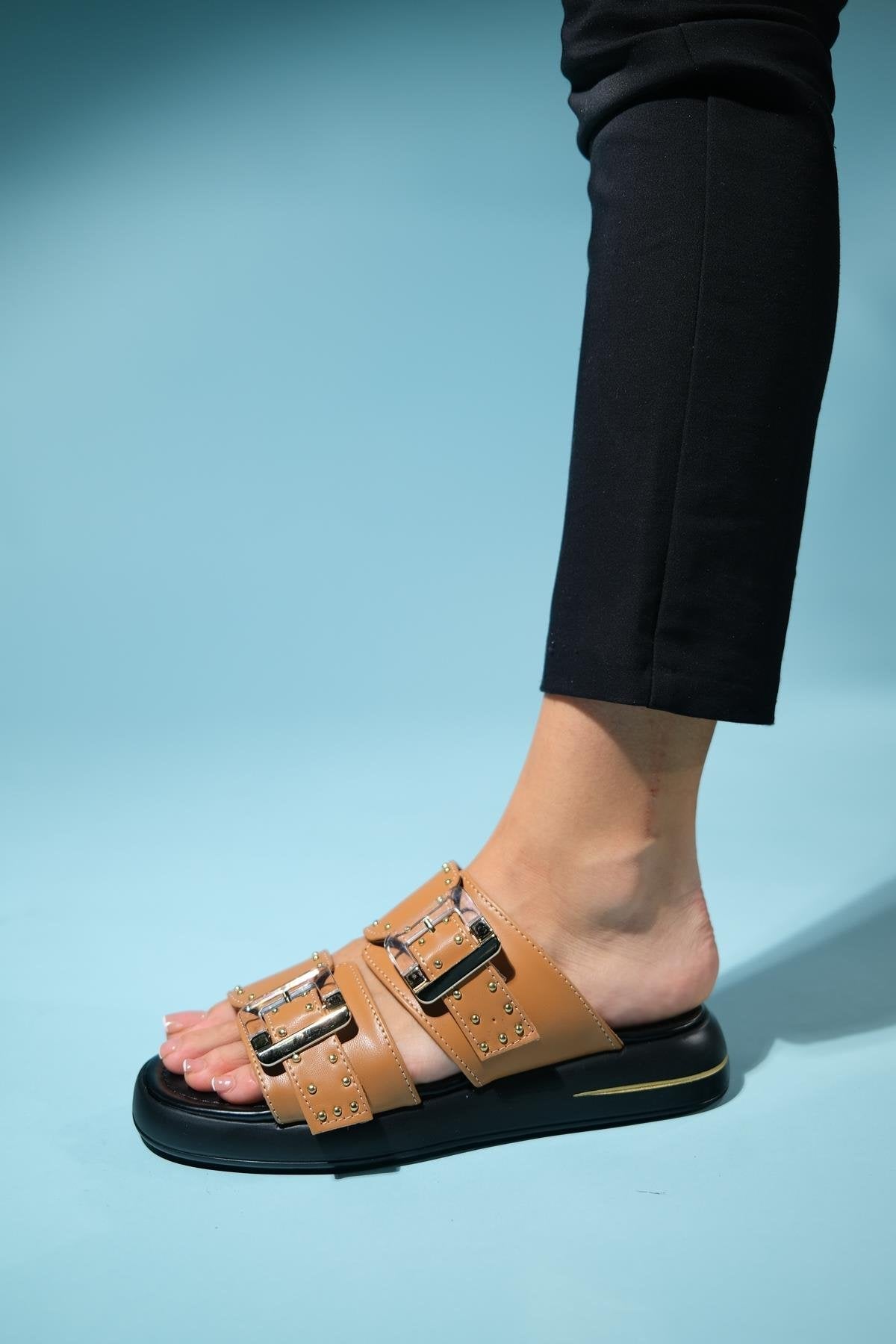 Zley Cognac Buckle Sandal – product view 9 showing leather, red, SimmiUnique