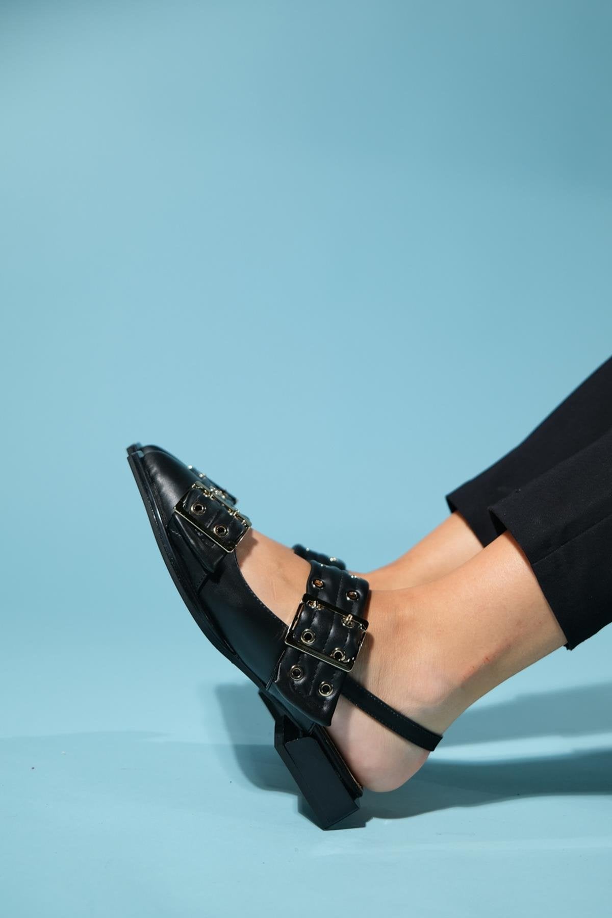 Paloma - Black Gold Buckle Sandal – back view showing leather, black, gold, SimmiUnique
