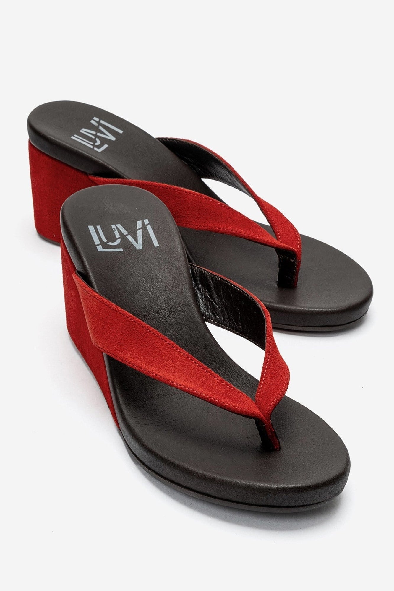 PRYON - Red Genuine Leather Thong Wedge Sandal – front three-quarter view showing leather, suede, red, SimmiUnique