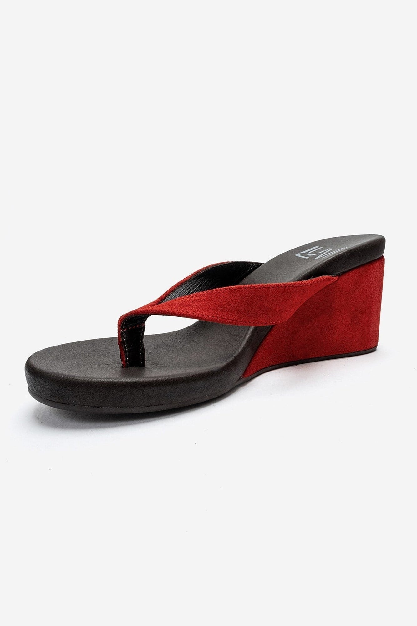PRYON - Red Genuine Leather Thong Wedge Sandal – top view showing leather, suede, red, SimmiUnique