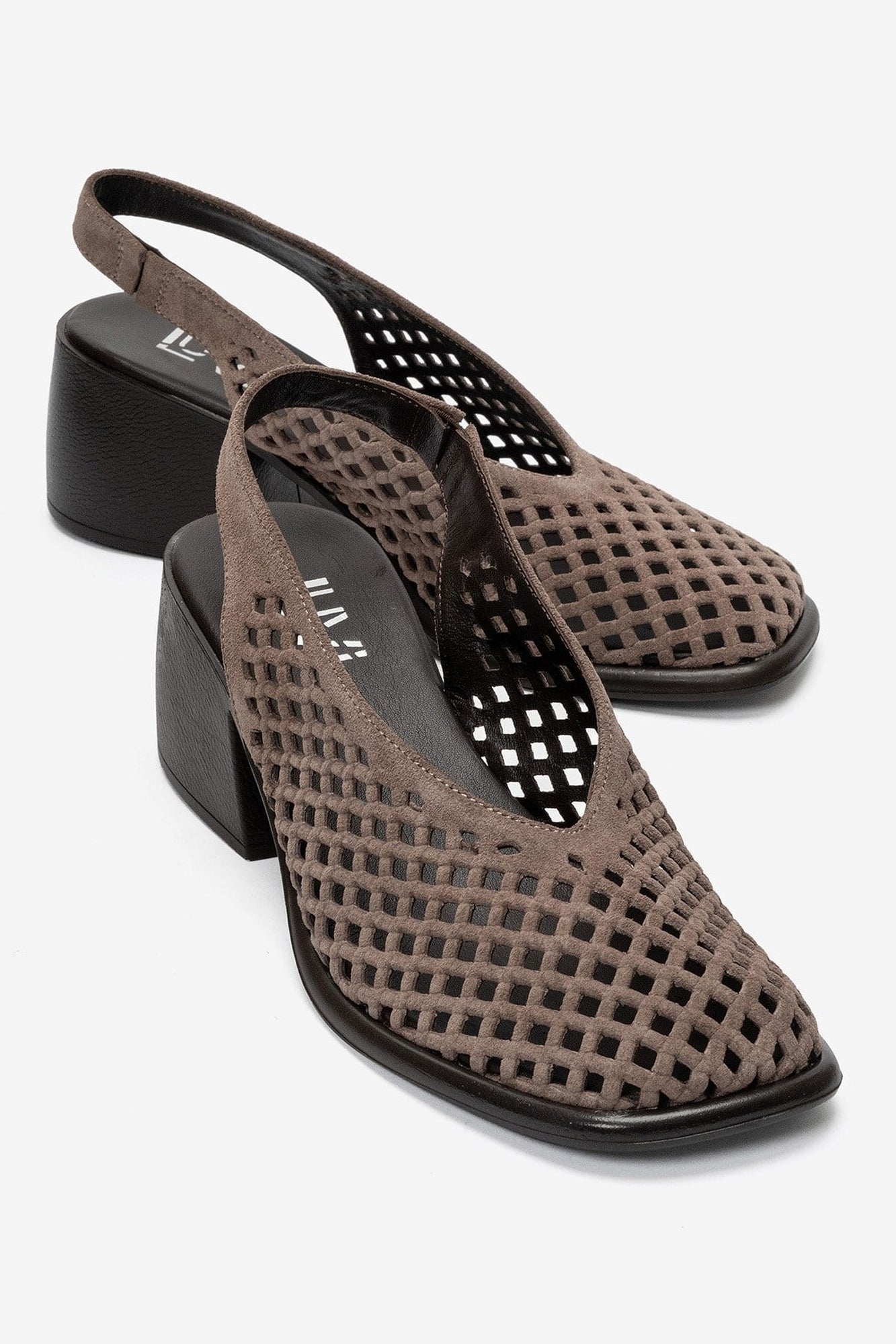 MONVERA - Taupe Genuine Suede Leather Closed-Toe Laser-Cut Block Heel – front three-quarter view showing leather, suede…
