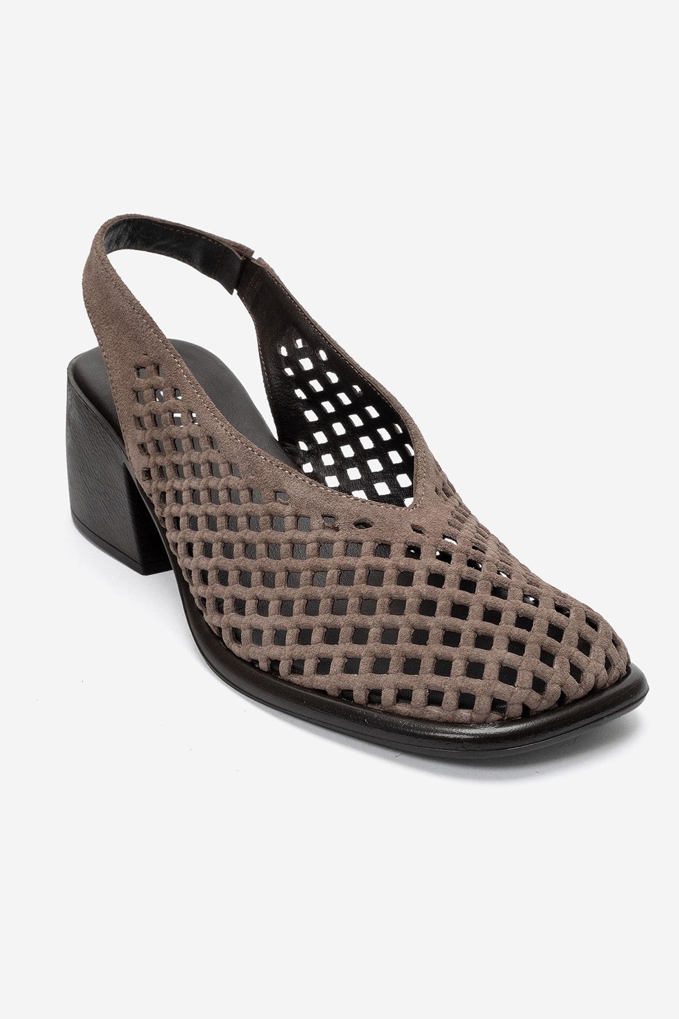 MONVERA - Taupe Genuine Suede Leather Closed-Toe Laser-Cut Block Heel – detail view showing leather, suede, SimmiUnique