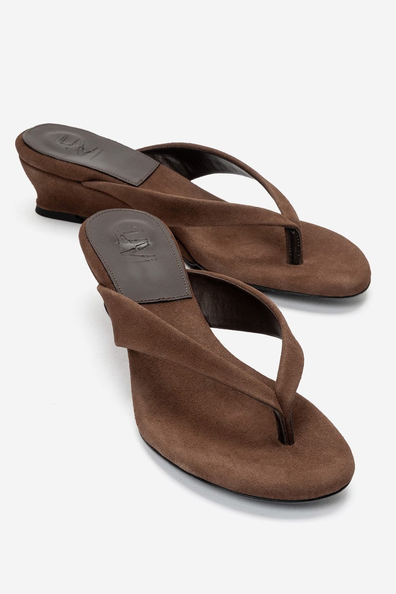 VANESSIA - Cognac Suede Toe-Post Mini Block Heel Sandal – front three-quarter view showing leather, suede, SimmiUnique
