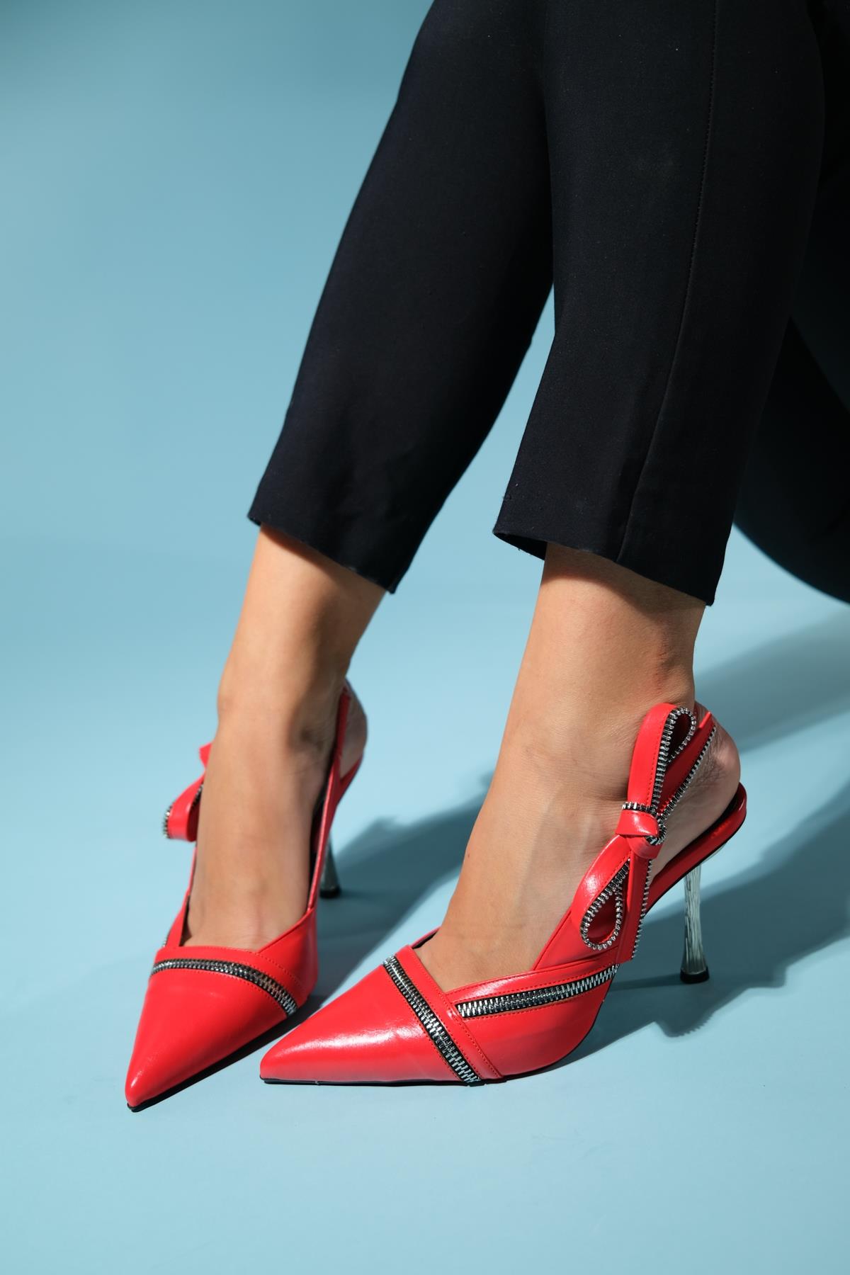 Glen - Red Zipper-Detail High Heel Shoe – front three-quarter view showing leather, red, SimmiUnique