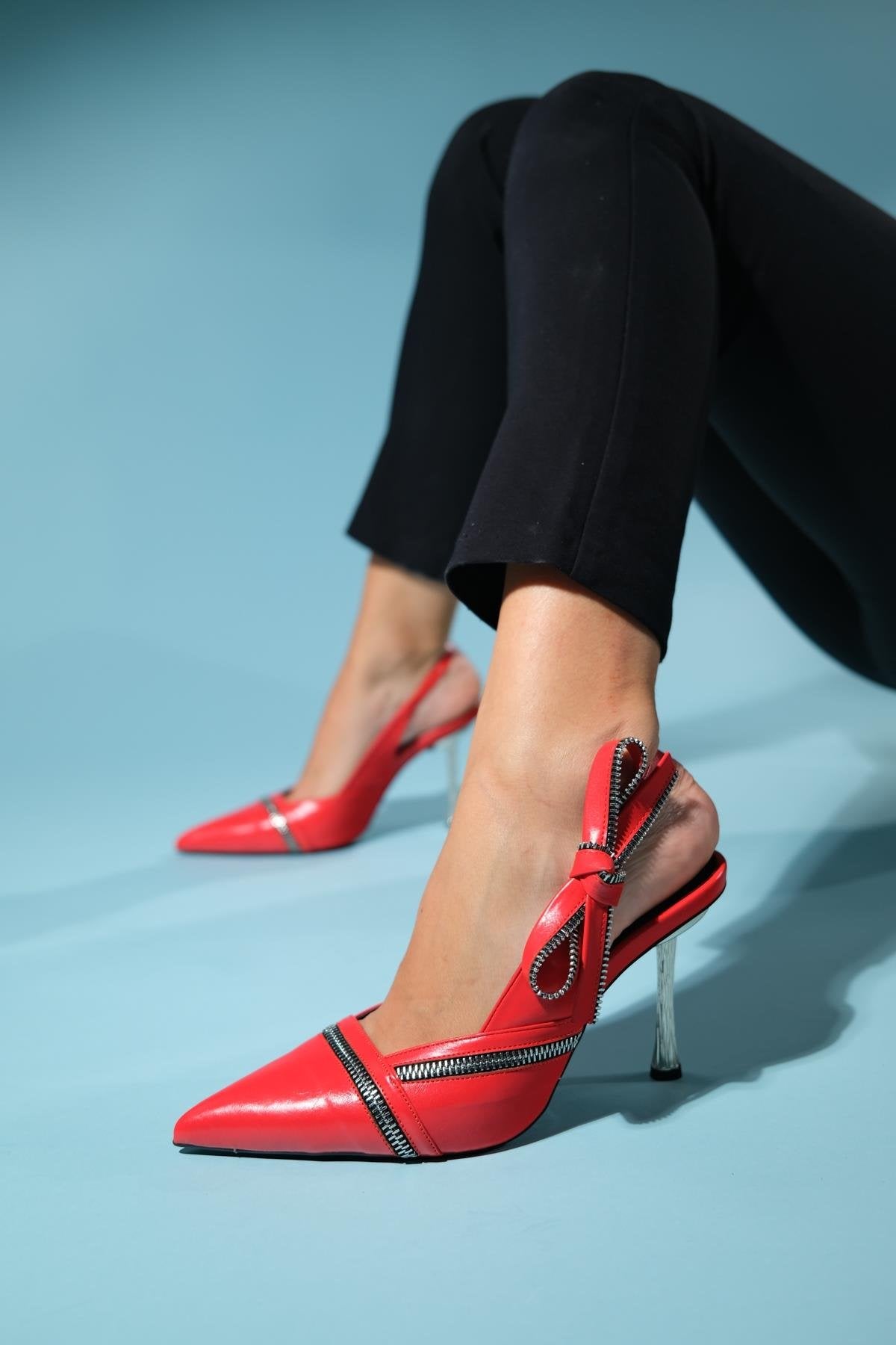 Glen - Red Zipper-Detail High Heel Shoe – side view showing leather, red, SimmiUnique